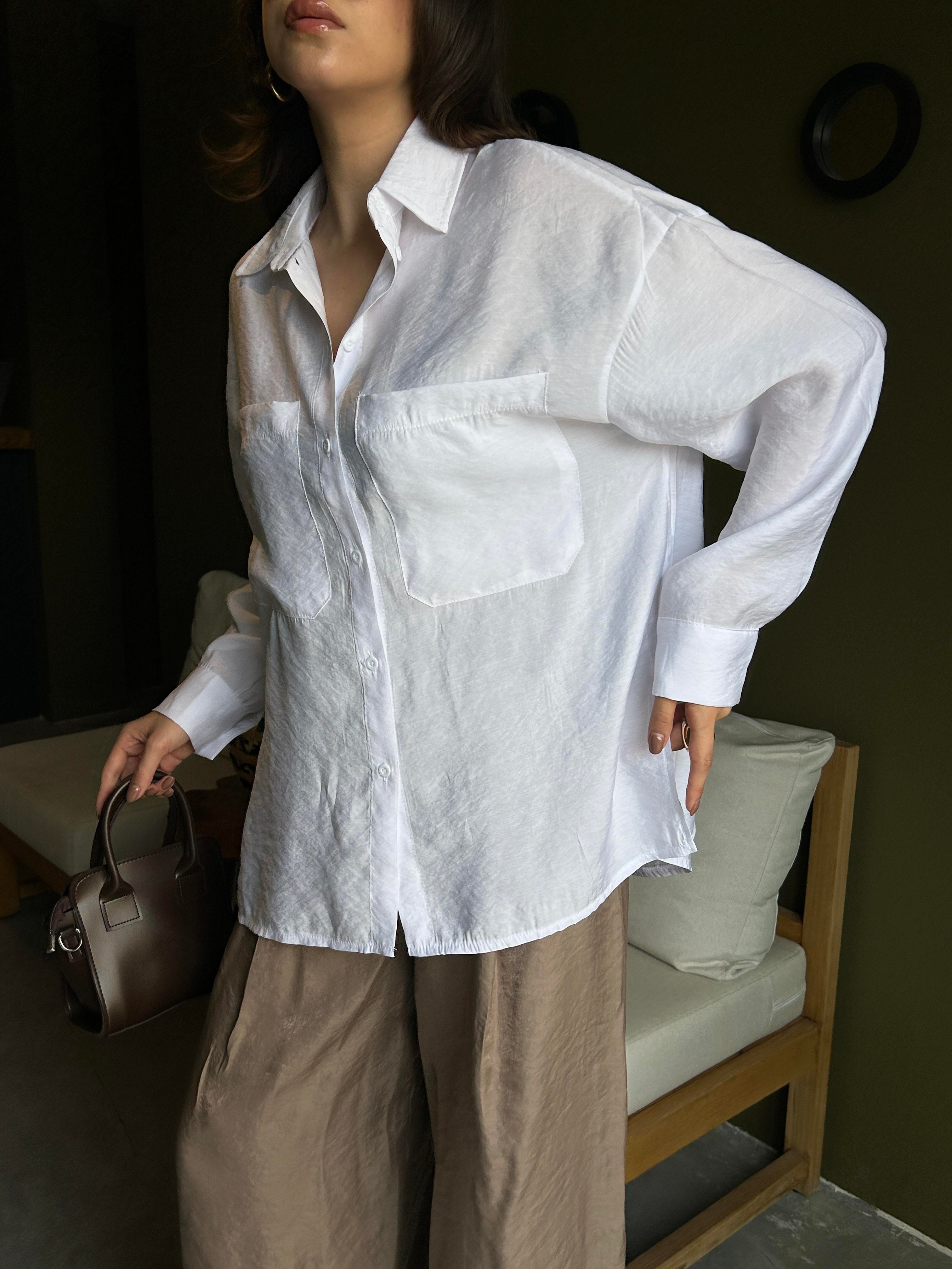 Kadın Ekru %100 Modal Kumaş Cep Detaylı Oversize Uzun Gömlek 29108