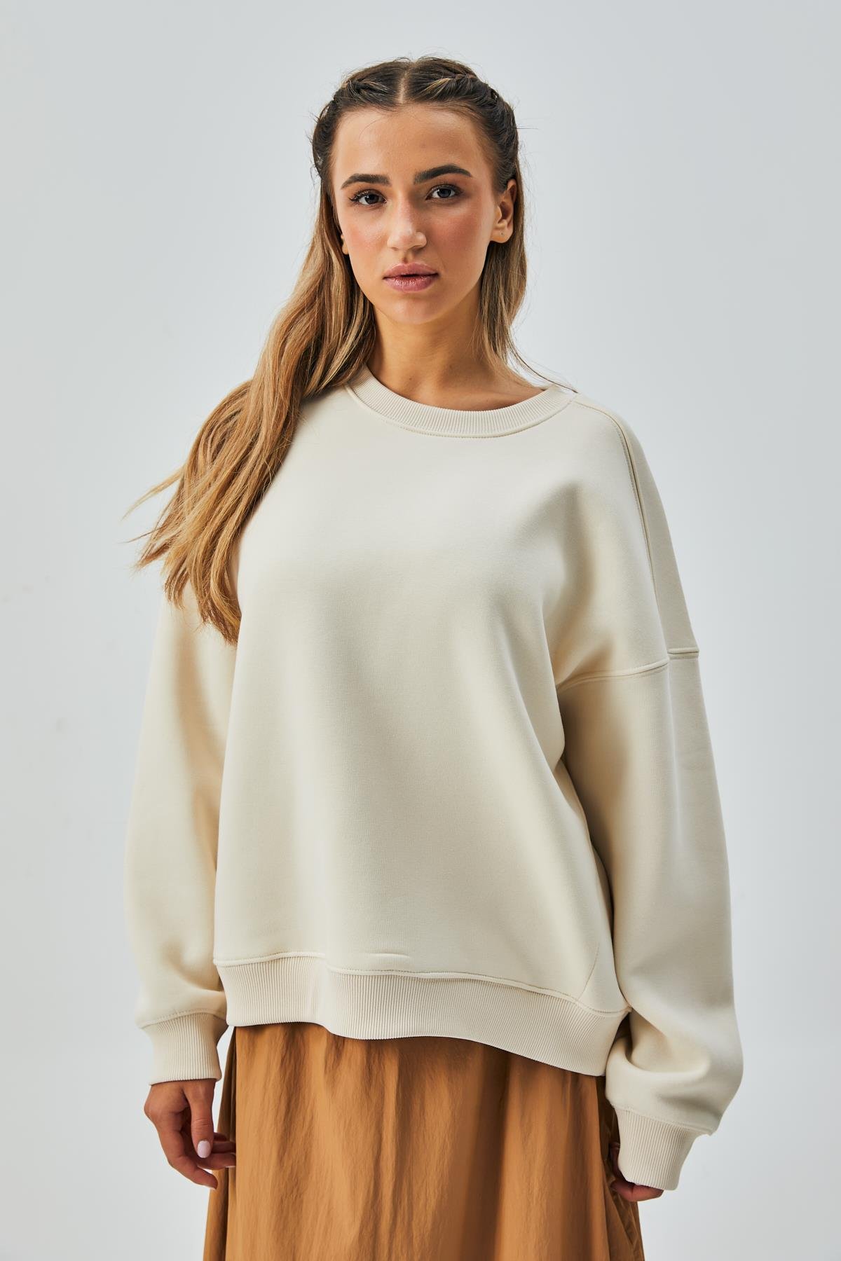 Kadın Ekru 3 İplik Penye Şardonlu Oversize Sweatshirt 28050