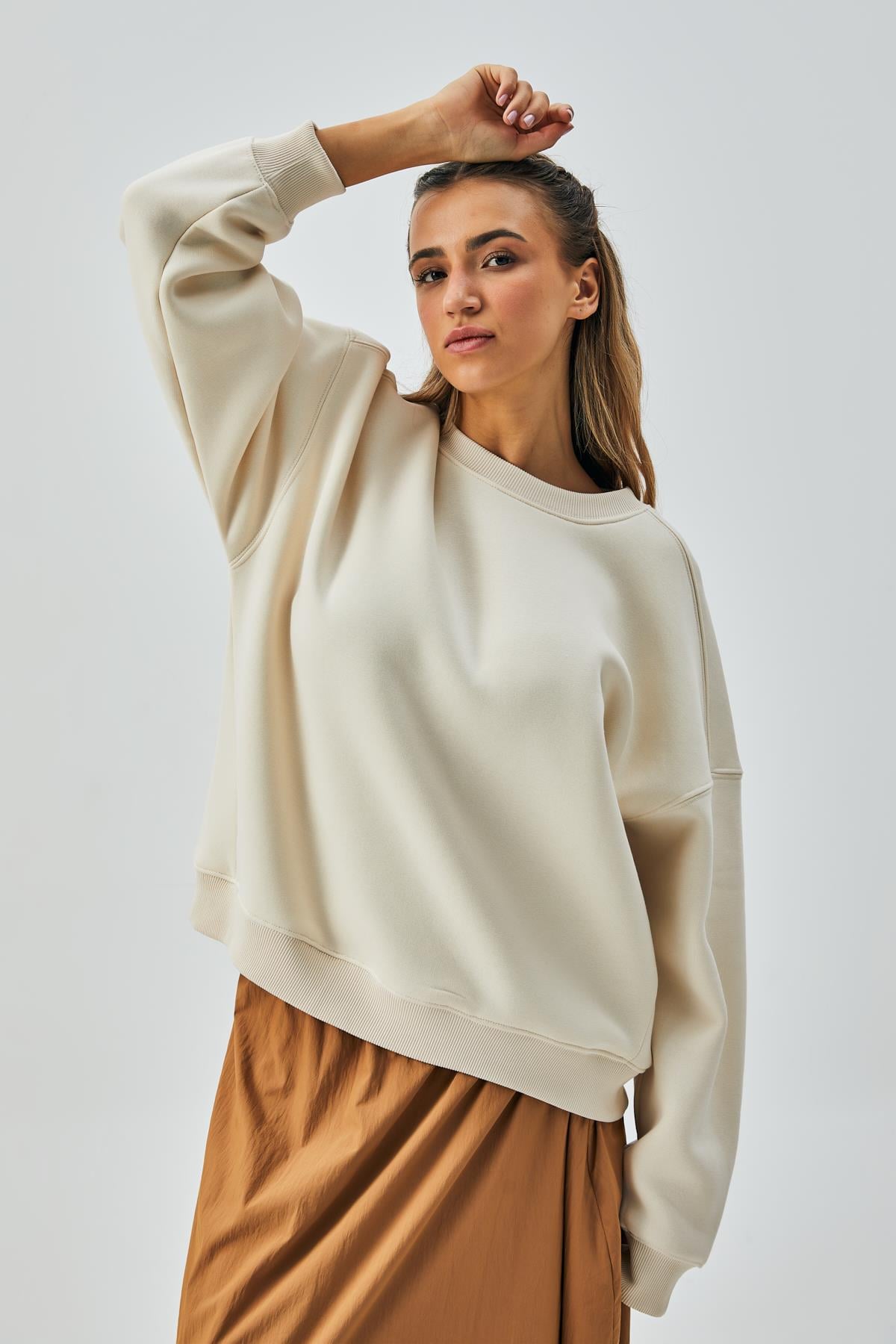 Kadın Ekru 3 İplik Penye Şardonlu Oversize Sweatshirt 28050