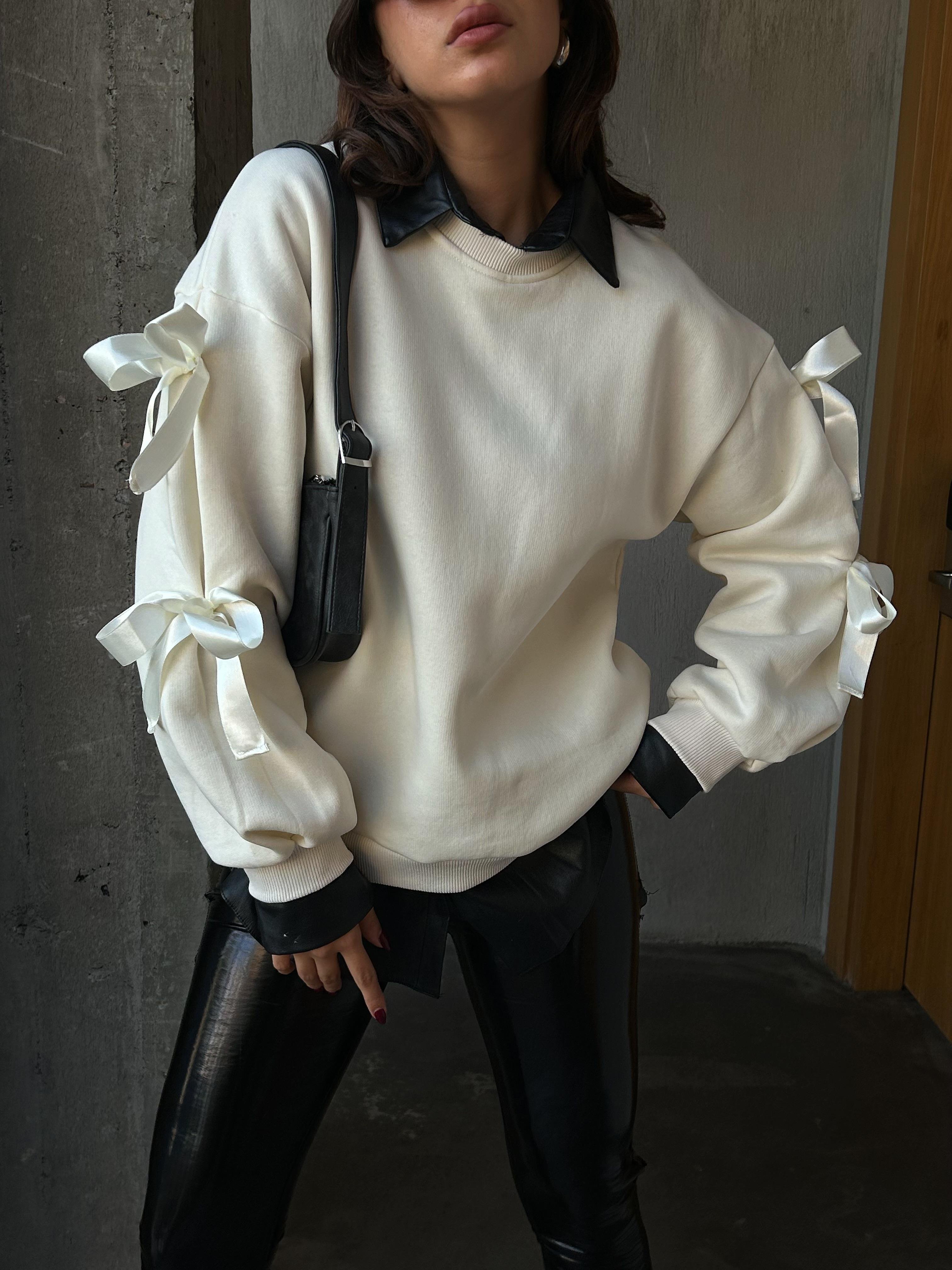 Kadın Ekru 3 İplik Şardonlu Geniş Kesim Kurdele Detaylı Sweatshirt 28318