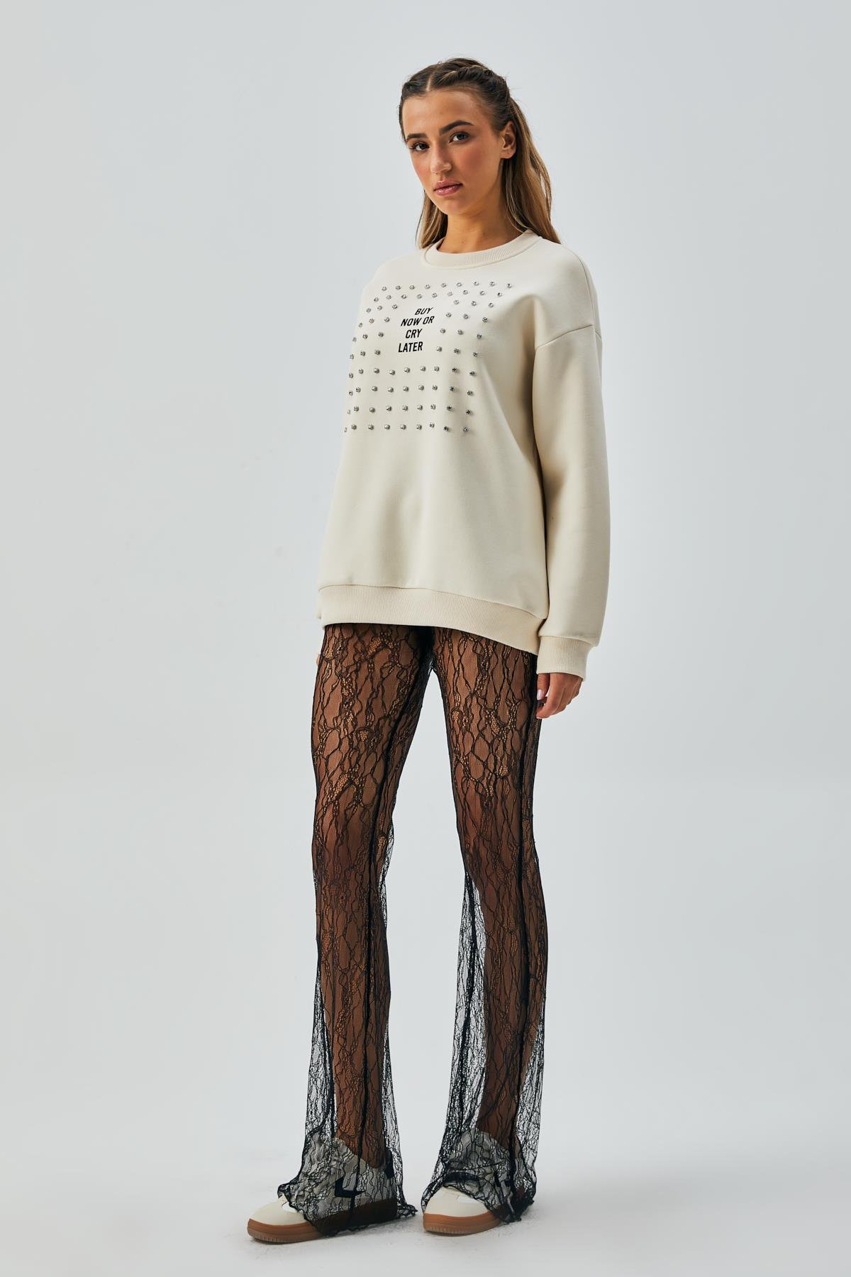 Kadın Ekru 3 İplik Şardonlu Taş İşlemeli Bol Kesim Sweatshirt 28052