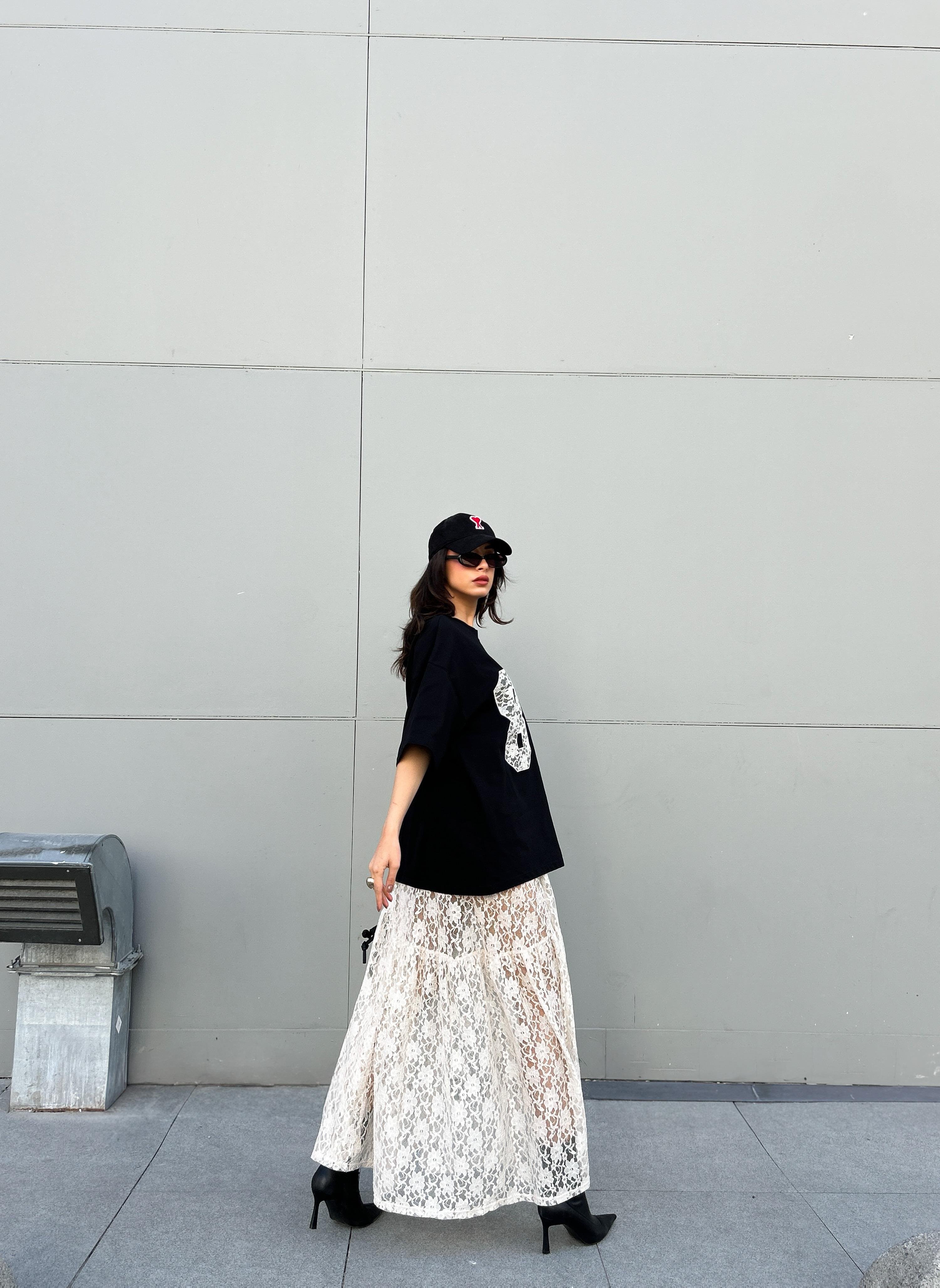 Kadın Ekru Astarsız Dantel Etek 29056