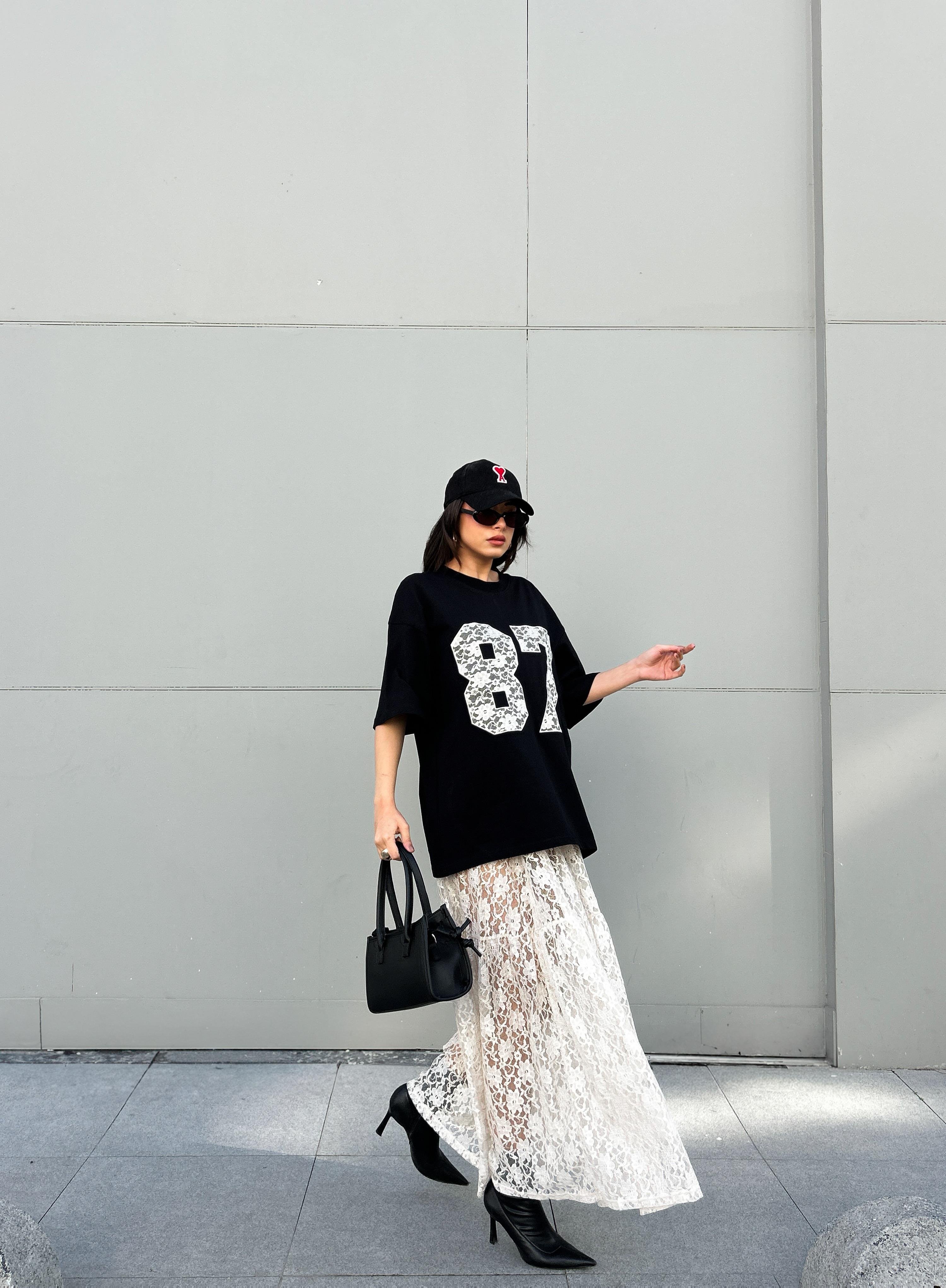 Kadın Ekru Astarsız Dantel Etek 29056