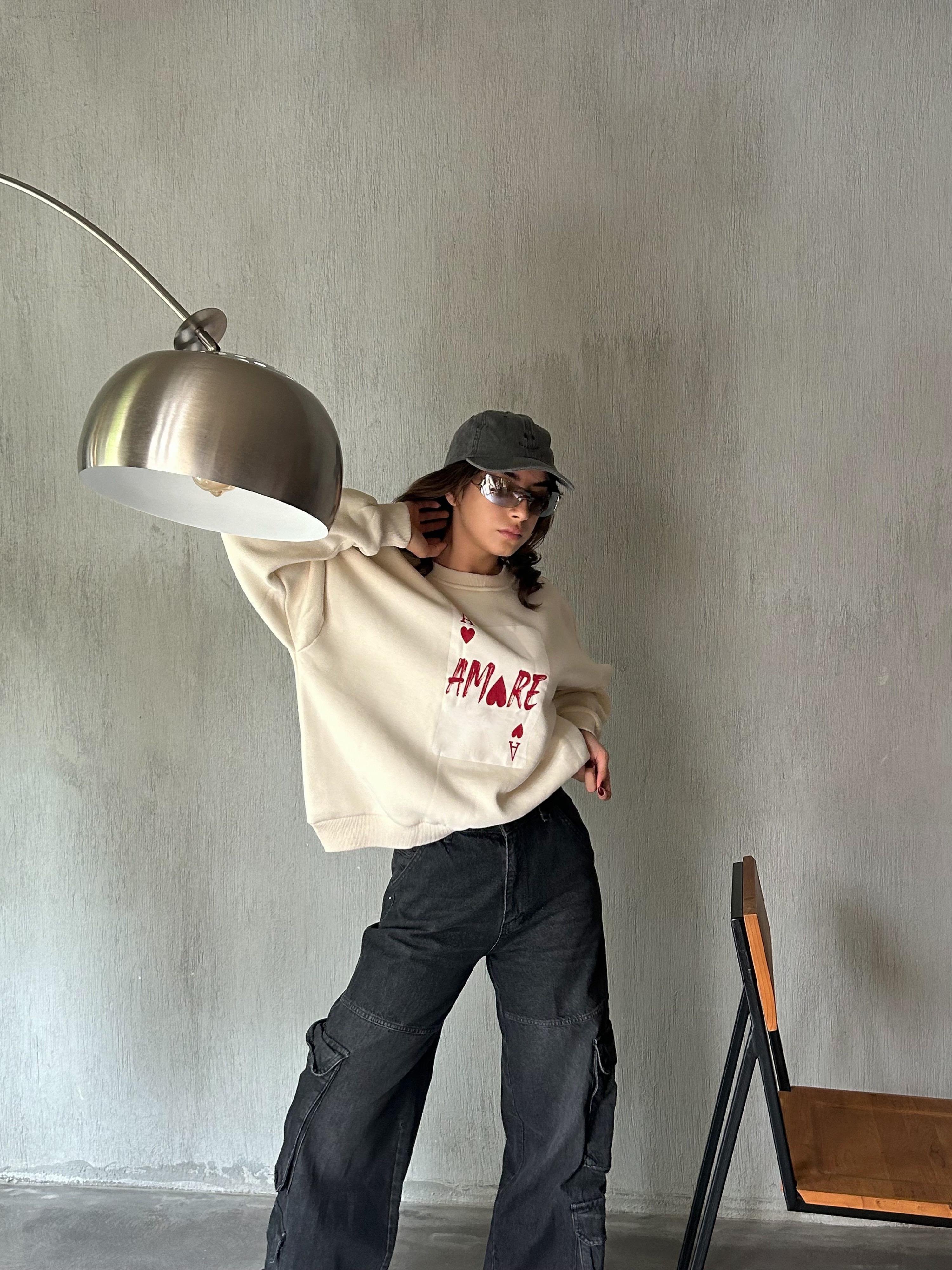 Kadın Ekru Baskılı Şardonlu 3 İplik Pamuk Sweatshirt 28059