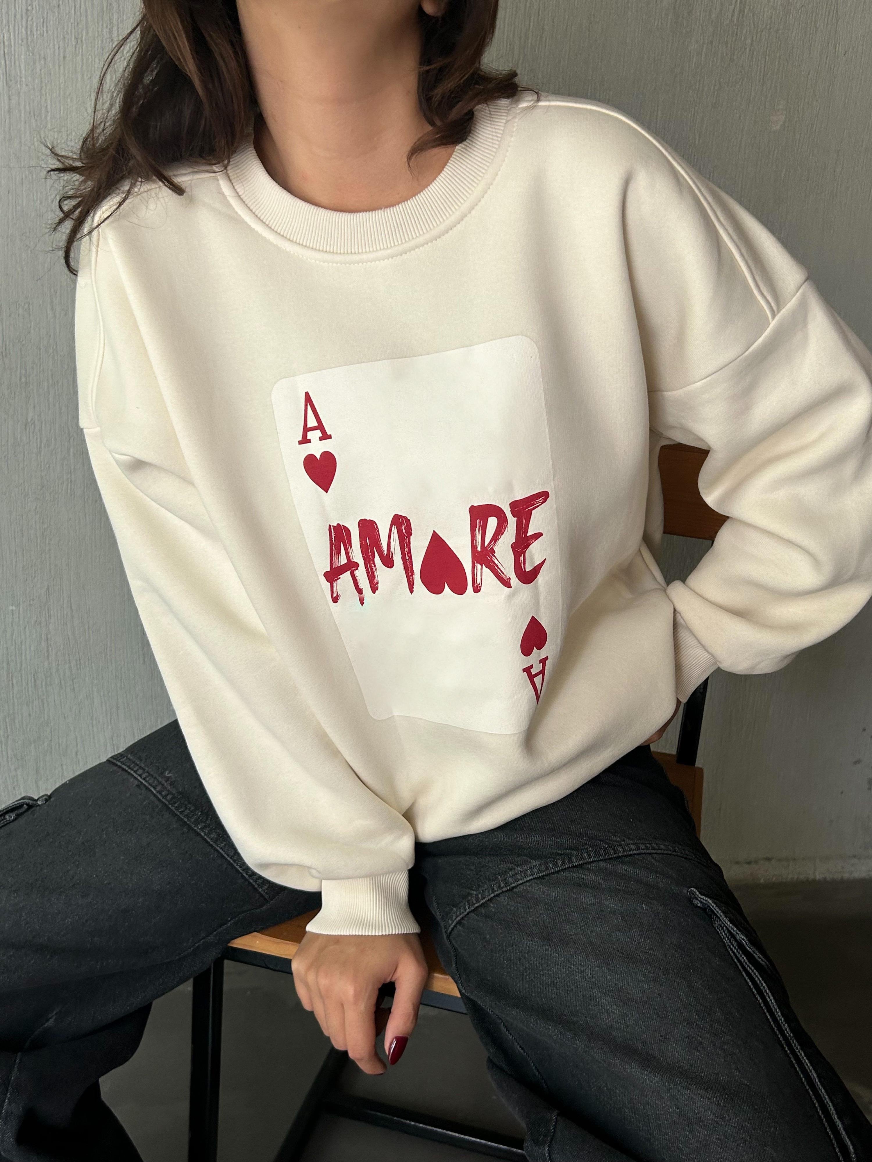 Kadın Ekru Baskılı Şardonlu 3 İplik Pamuk Sweatshirt 28059