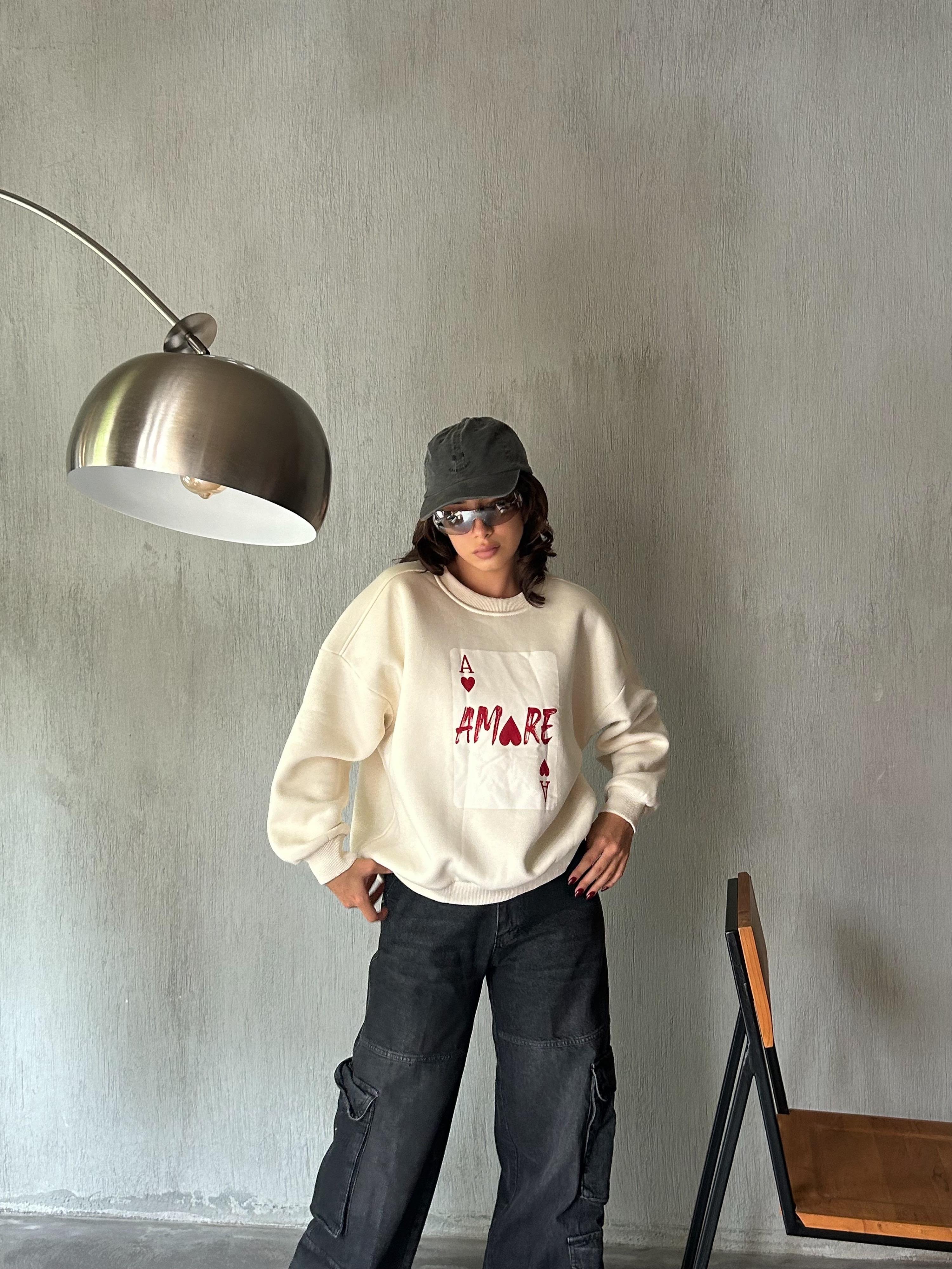Kadın Ekru Baskılı Şardonlu 3 İplik Pamuk Sweatshirt 28059