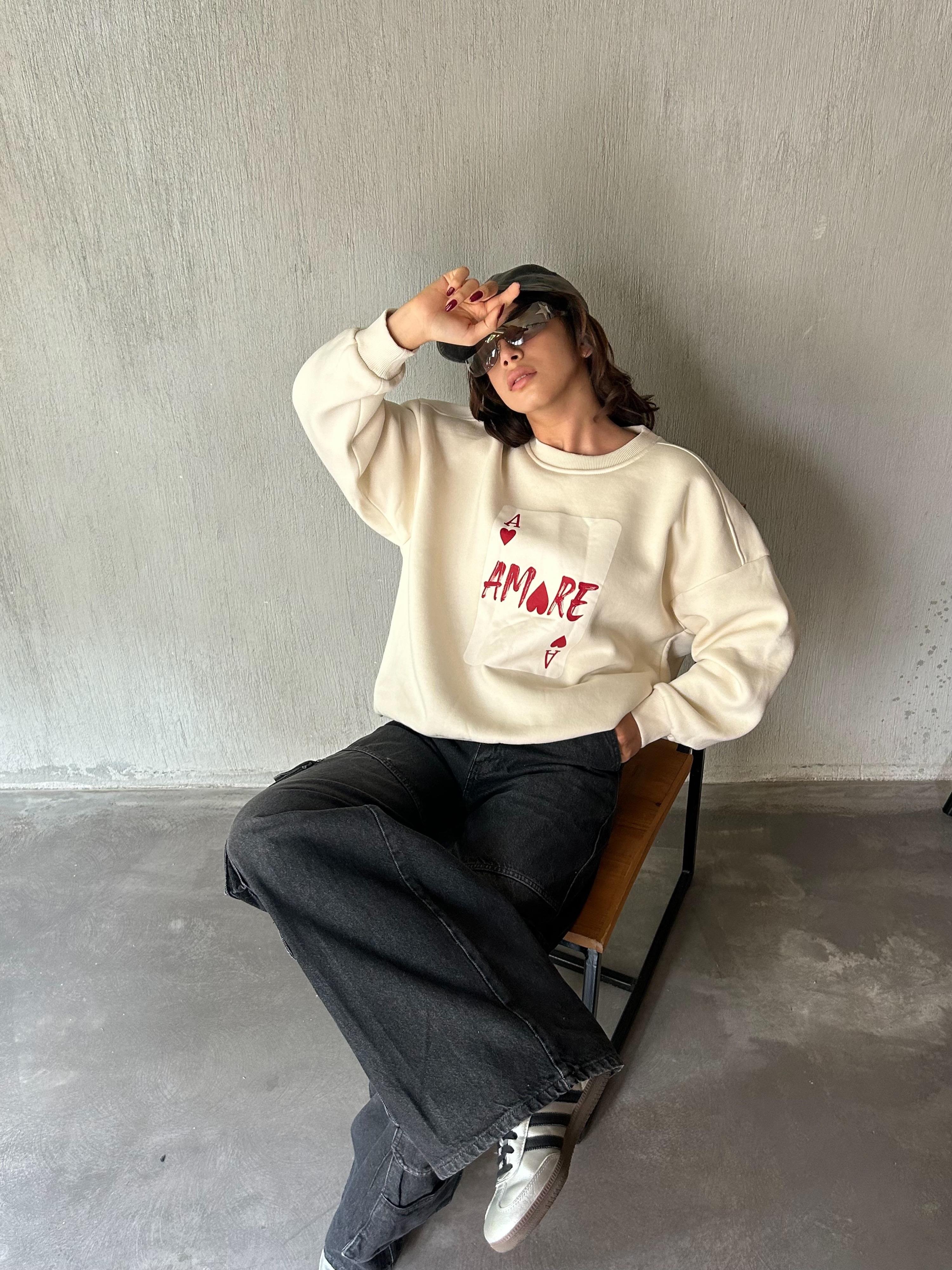 Kadın Ekru Baskılı Şardonlu 3 İplik Pamuk Sweatshirt 28059