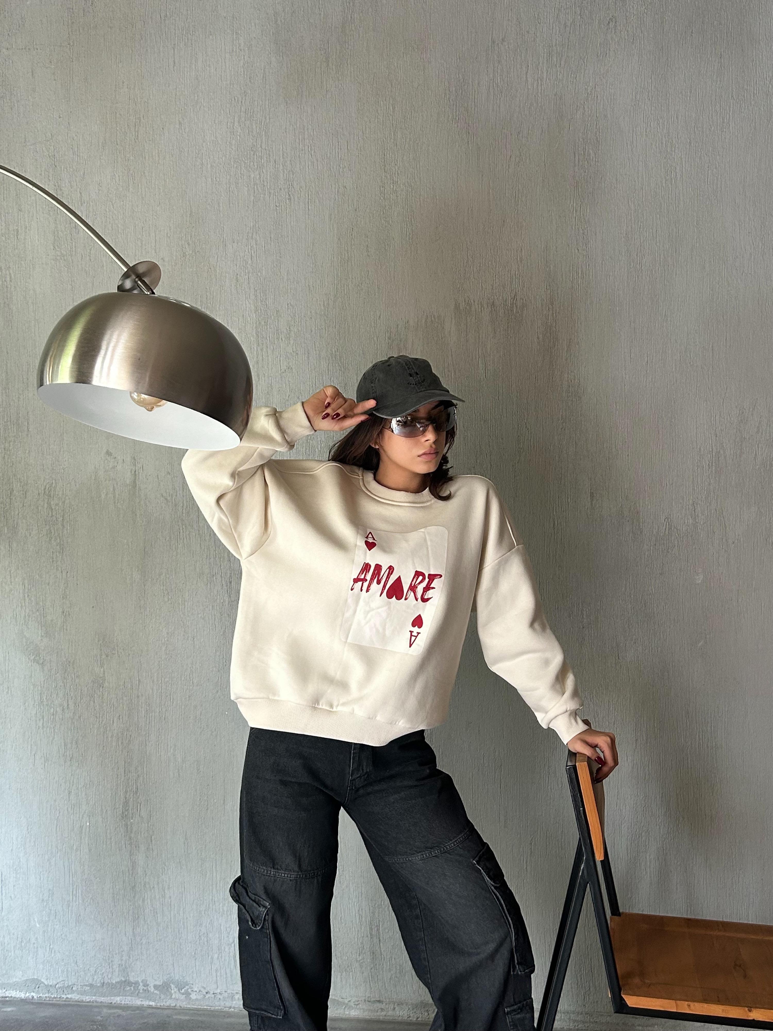 Kadın Ekru Baskılı Şardonlu 3 İplik Pamuk Sweatshirt 28059