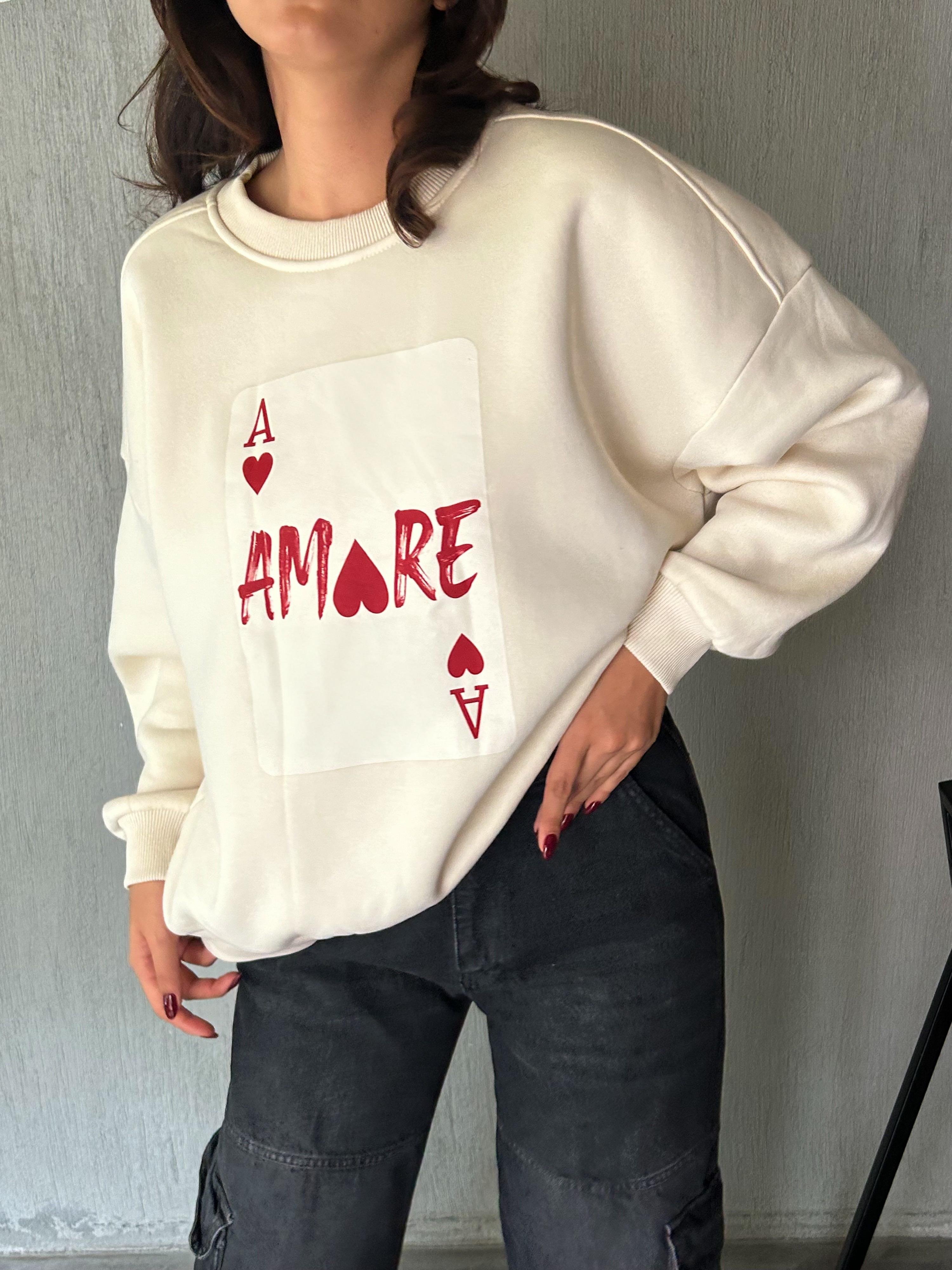 Kadın Ekru Baskılı Şardonlu 3 İplik Pamuk Sweatshirt 28059