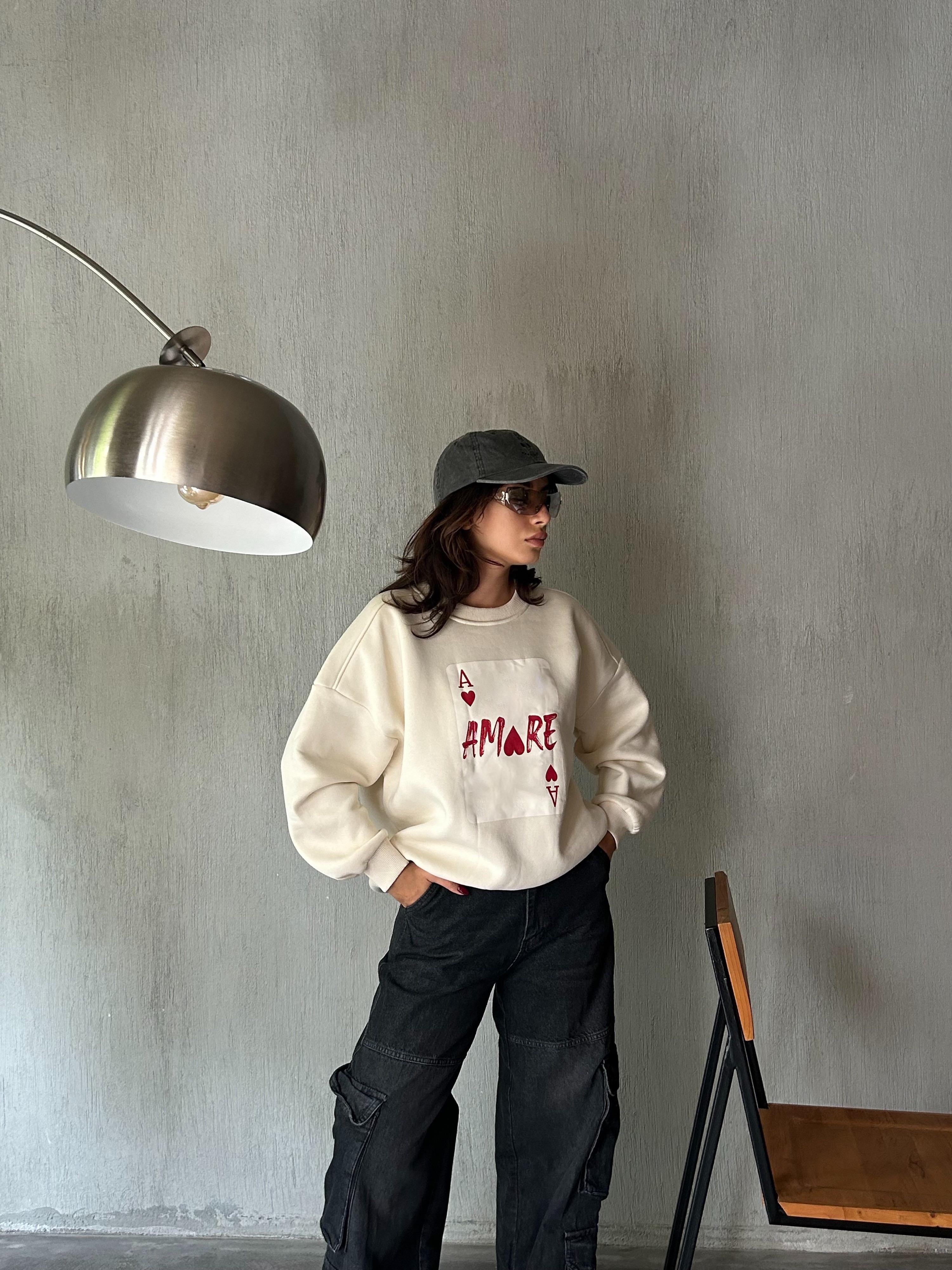 Kadın Ekru Baskılı Şardonlu 3 İplik Pamuk Sweatshirt 28059