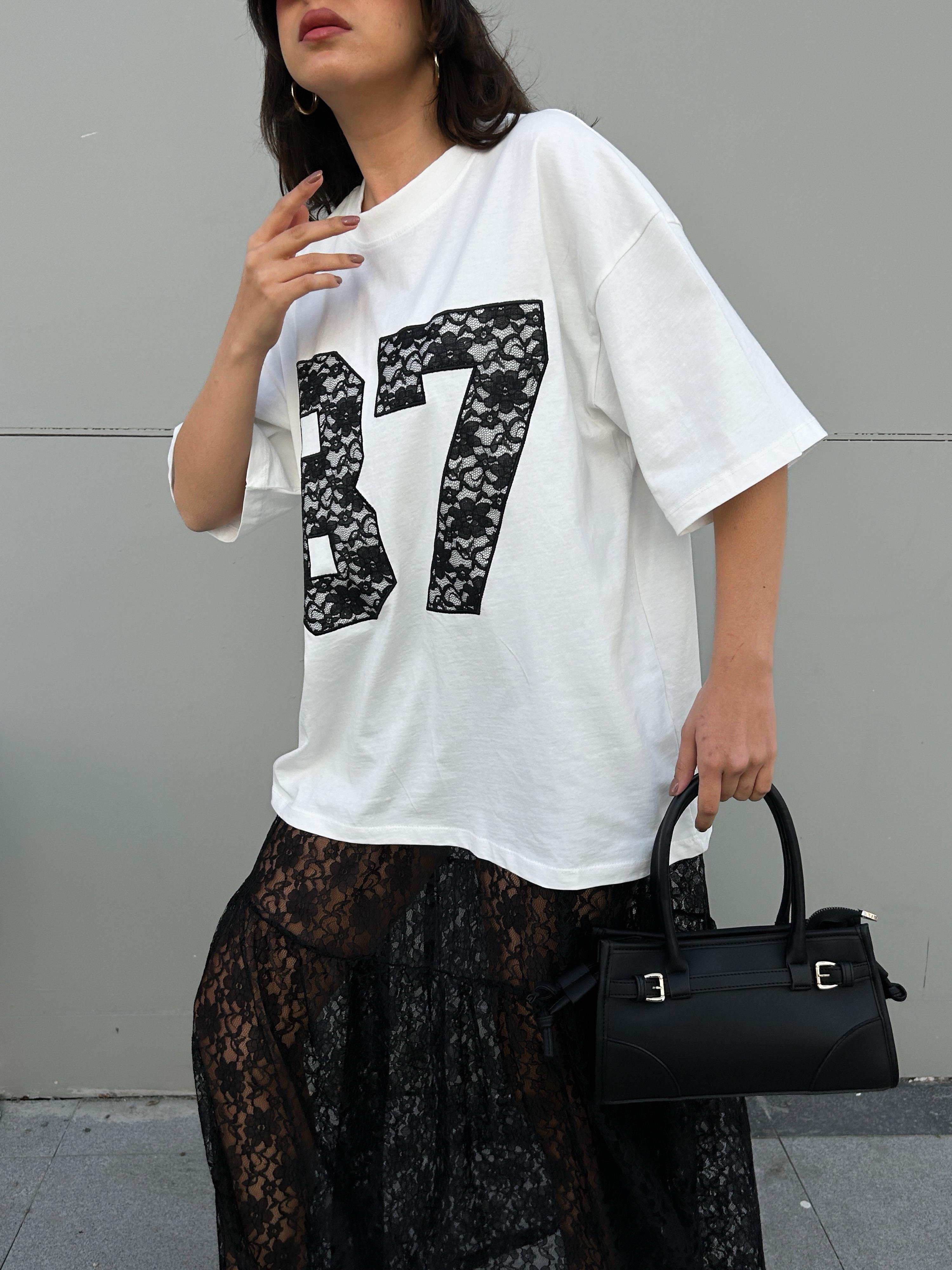 Kadın Ekru Dantel Nakışlı T-shirt 29055