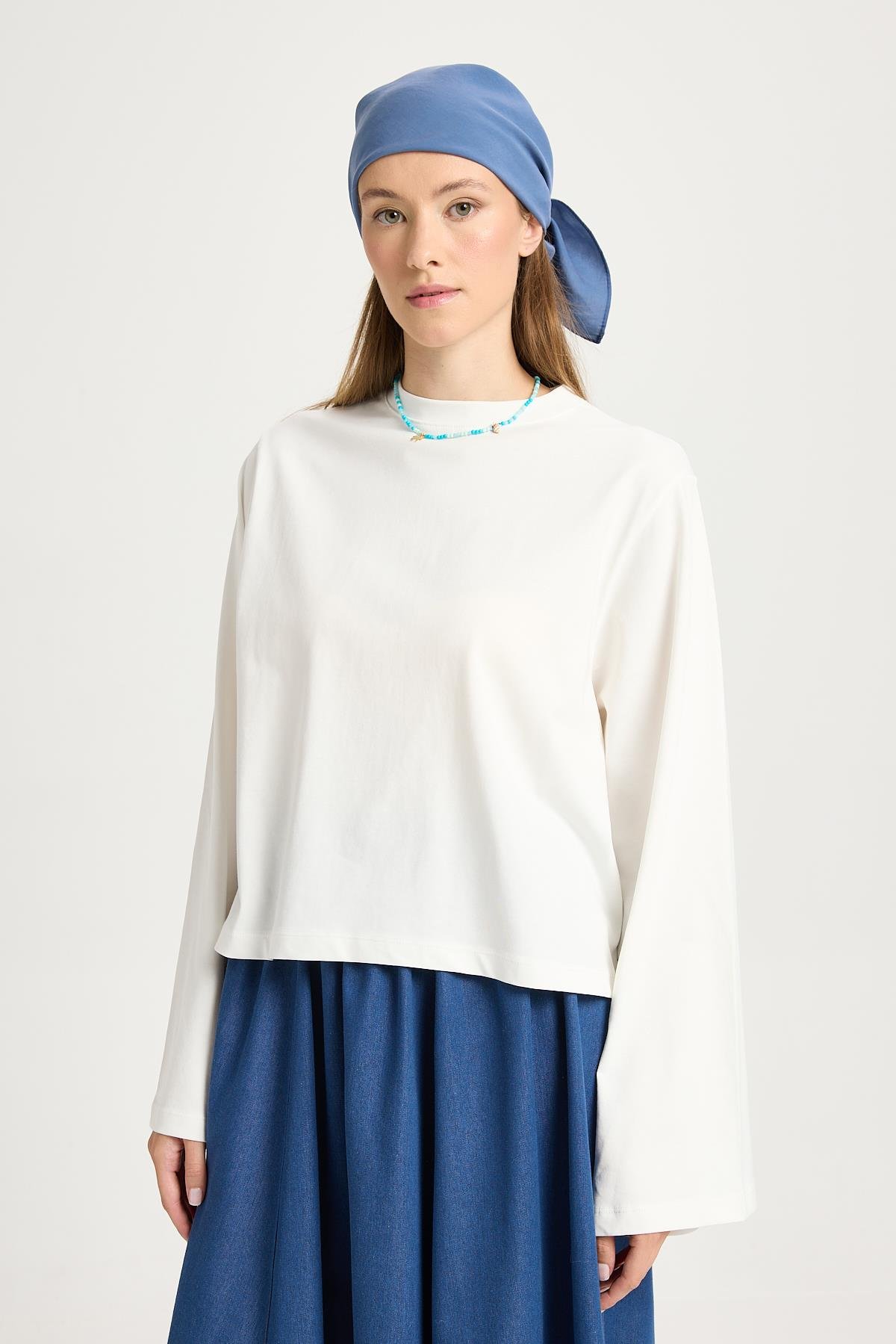 Kadın Ekru Geniş Kol Oversize Kısa Basic T-shirt 30059