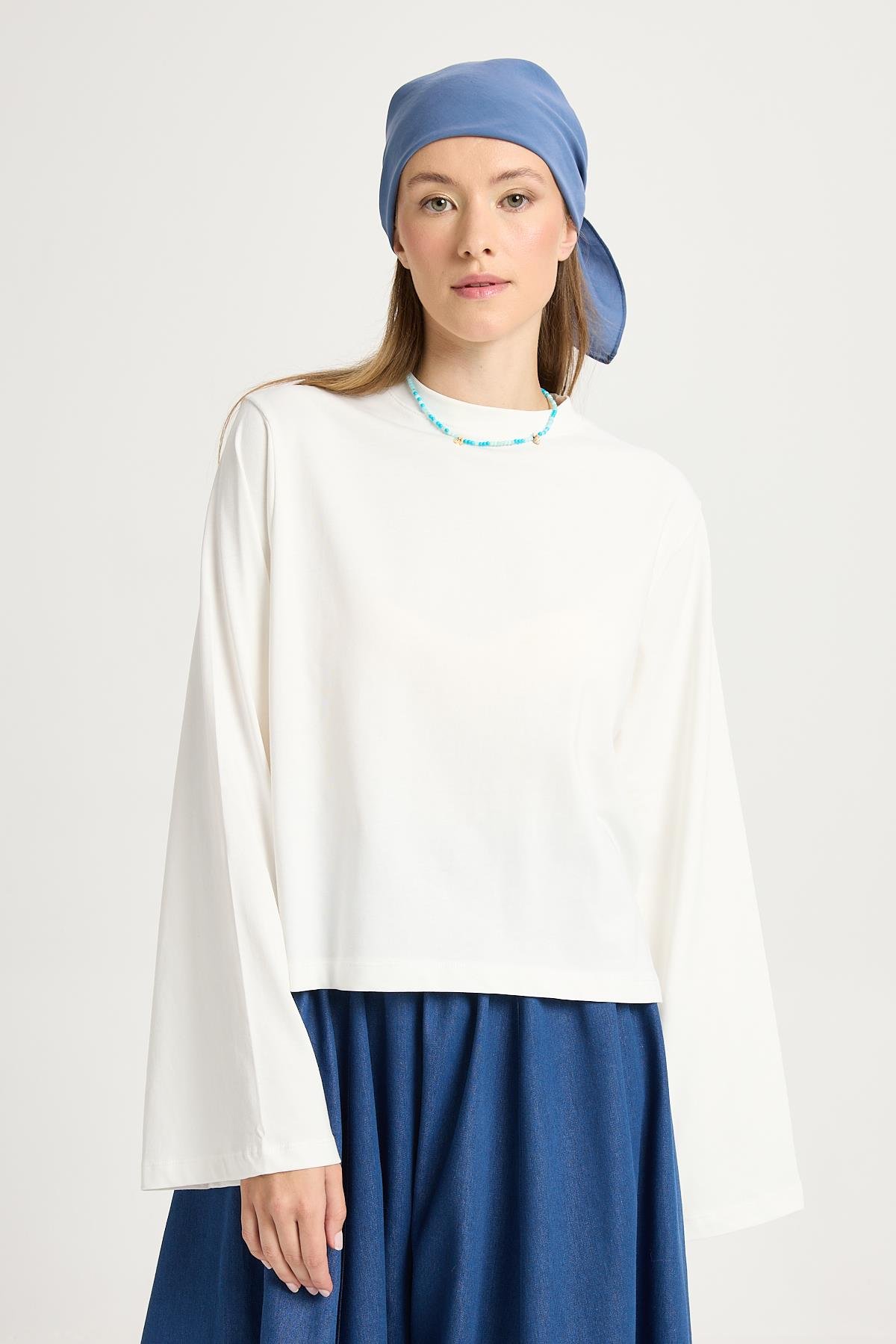 Kadın Ekru Geniş Kol Oversize Kısa Basic T-shirt 30059