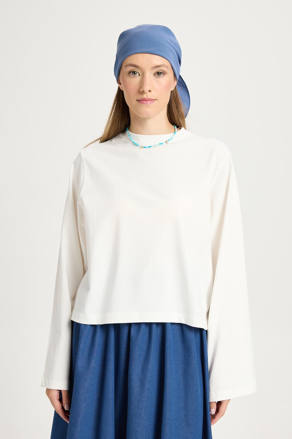 Kadın Ekru Geniş Kol Oversize Kısa Basic T-shirt 30059