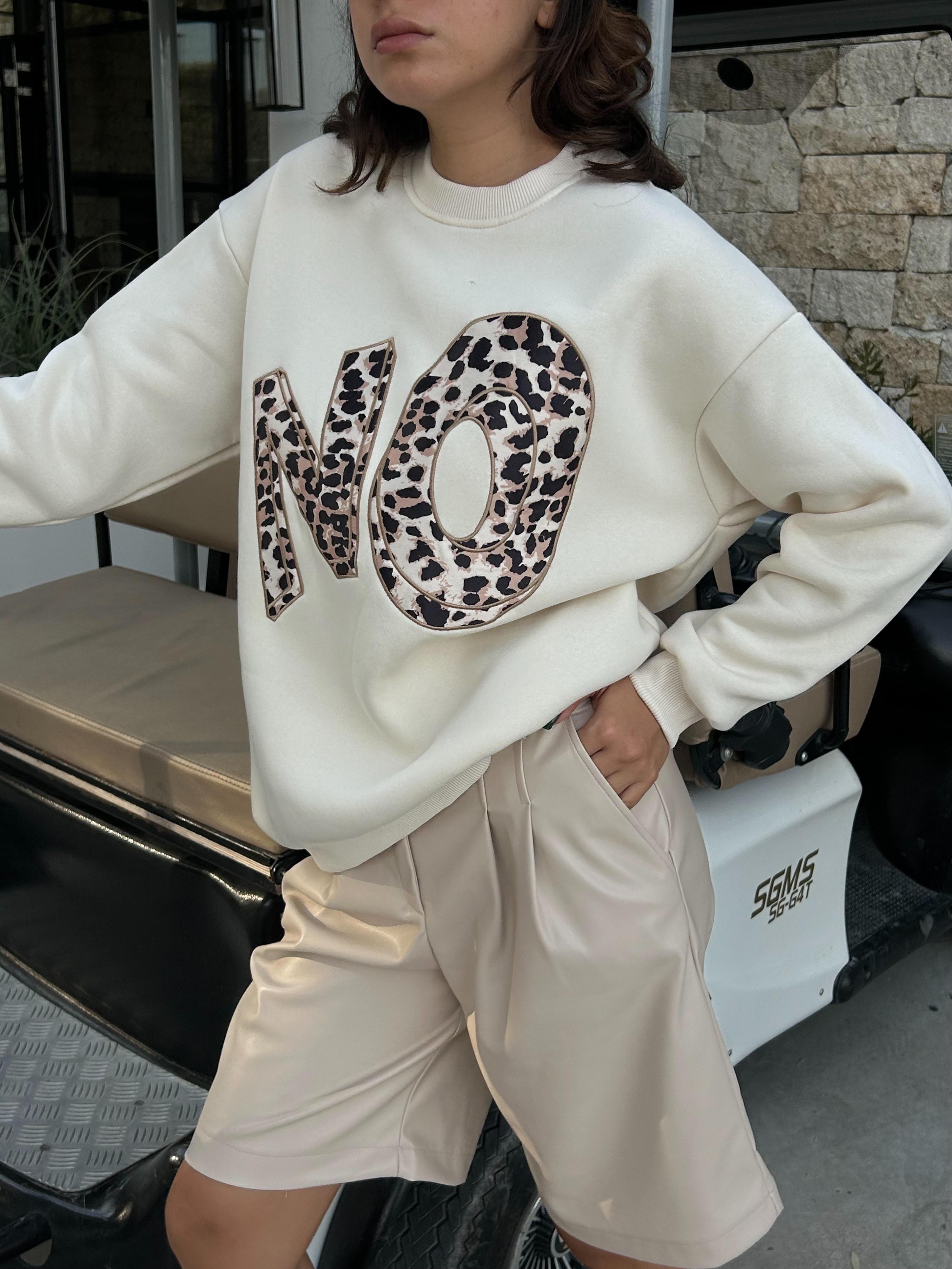 Kadın Ekru Leopar Nakışlı Şardonlu 3 İplik Pamuk Sweatshirt 28049