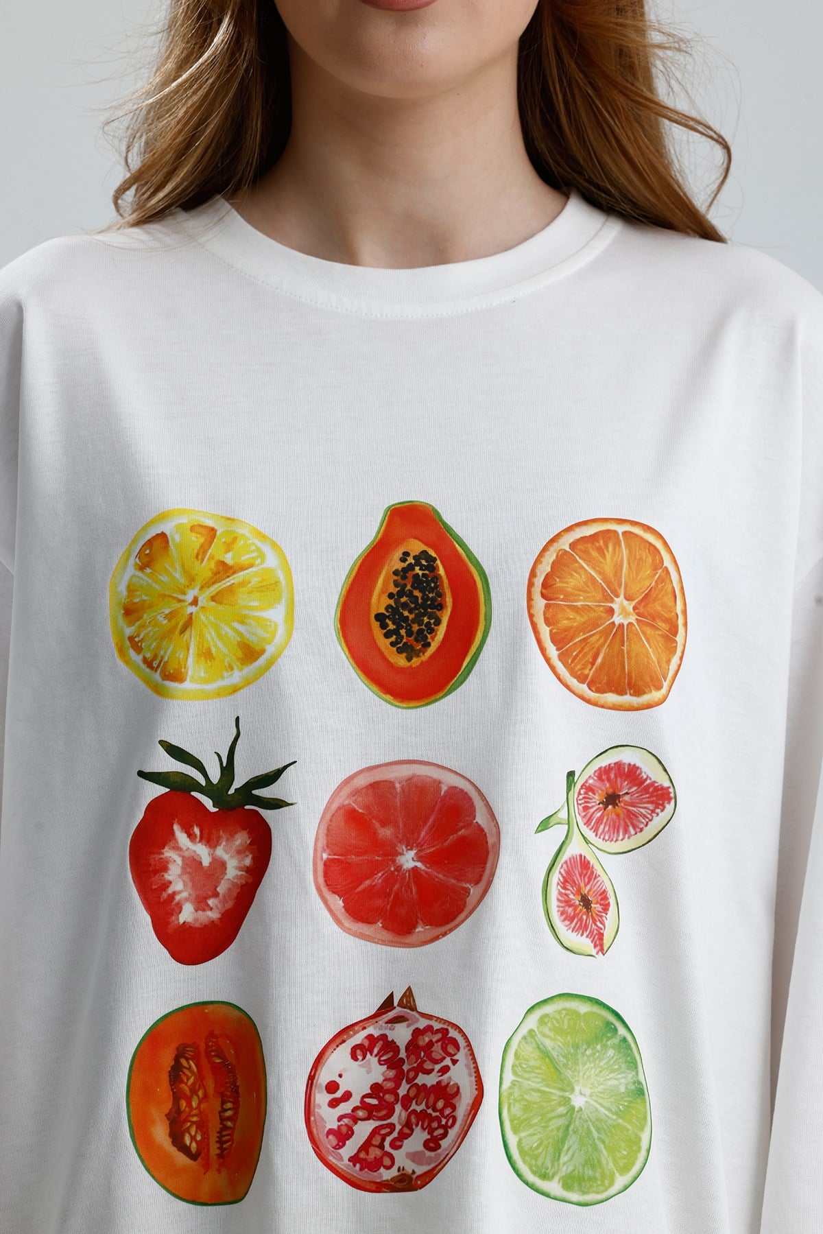Kadın Ekru Oversize Baskılı Pamuk T-shirt 31145
