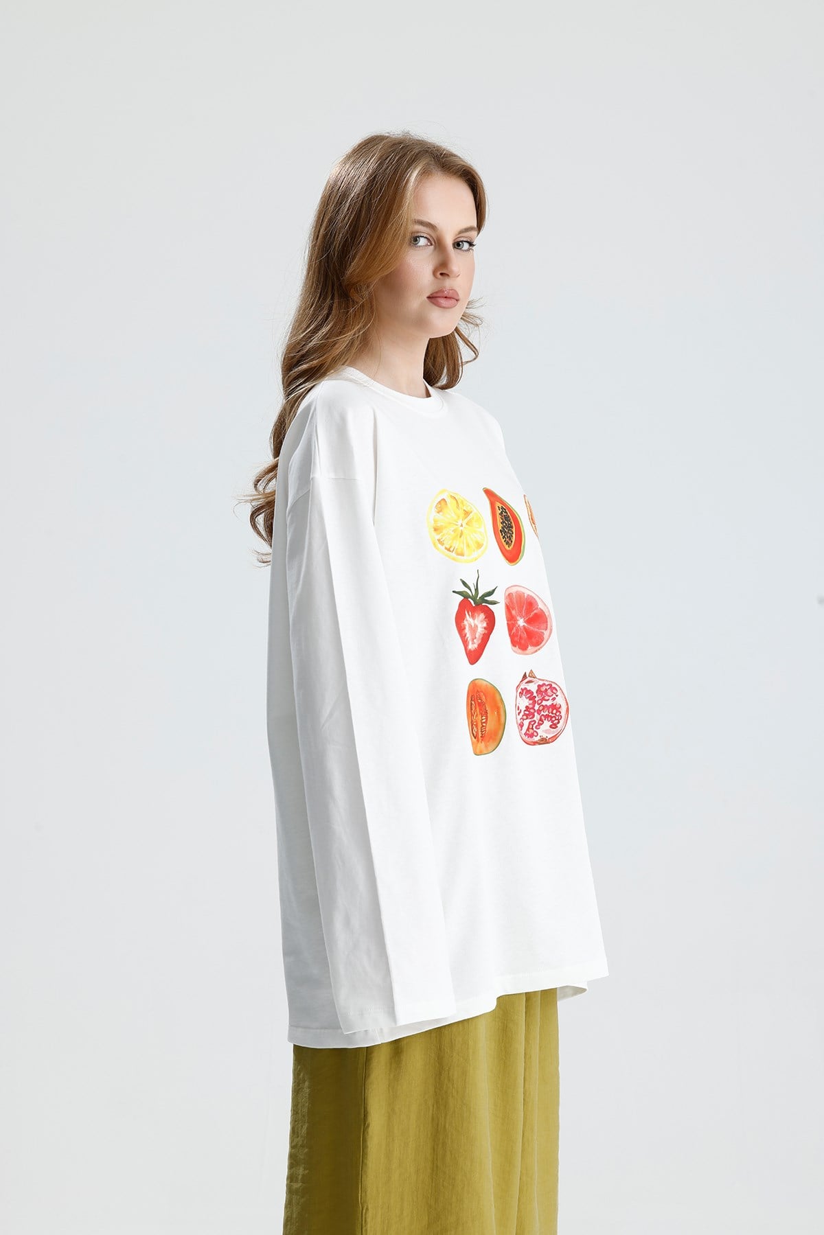 Kadın Ekru Oversize Baskılı Pamuk T-shirt 31145