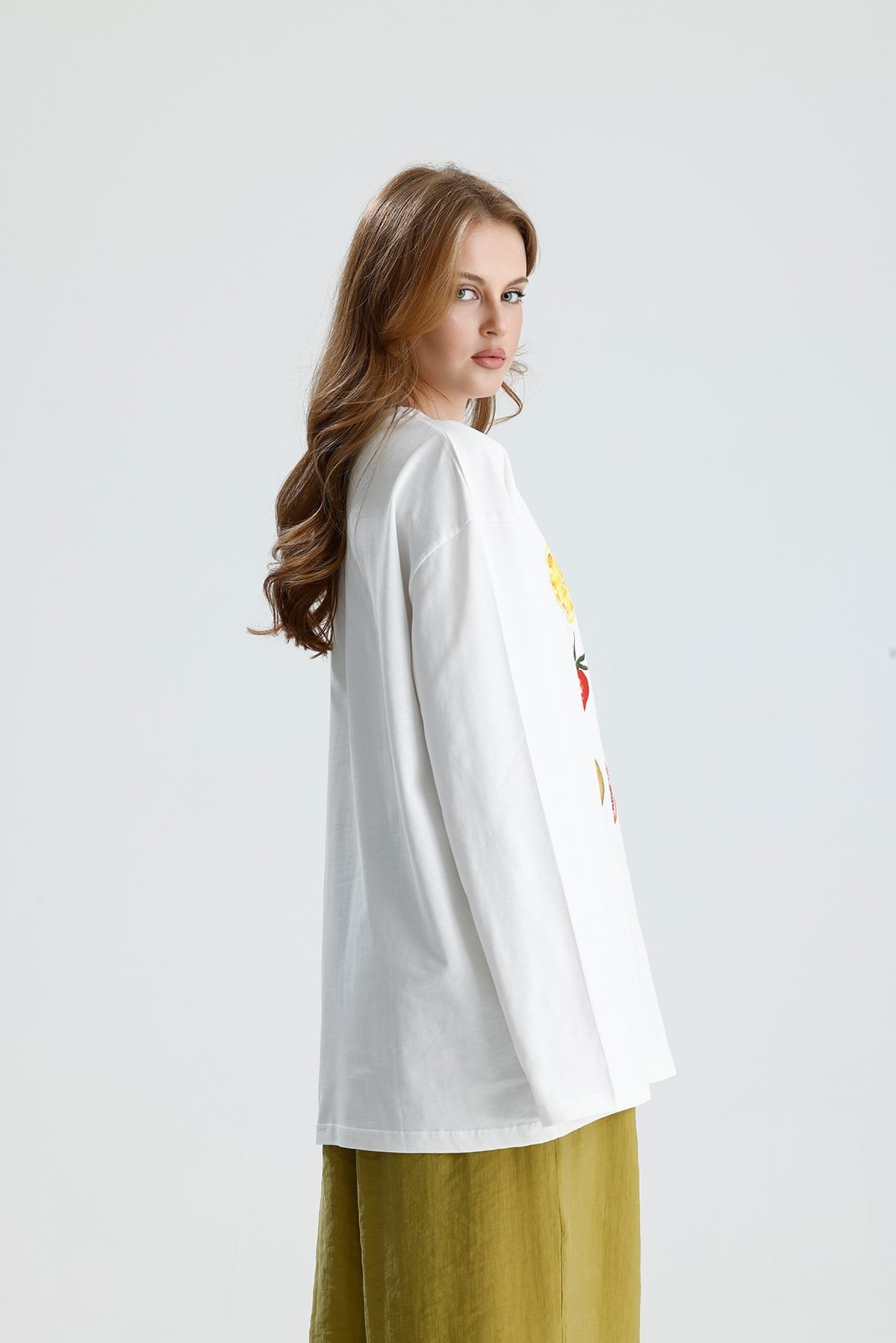 Kadın Ekru Oversize Baskılı Pamuk T-shirt 31145