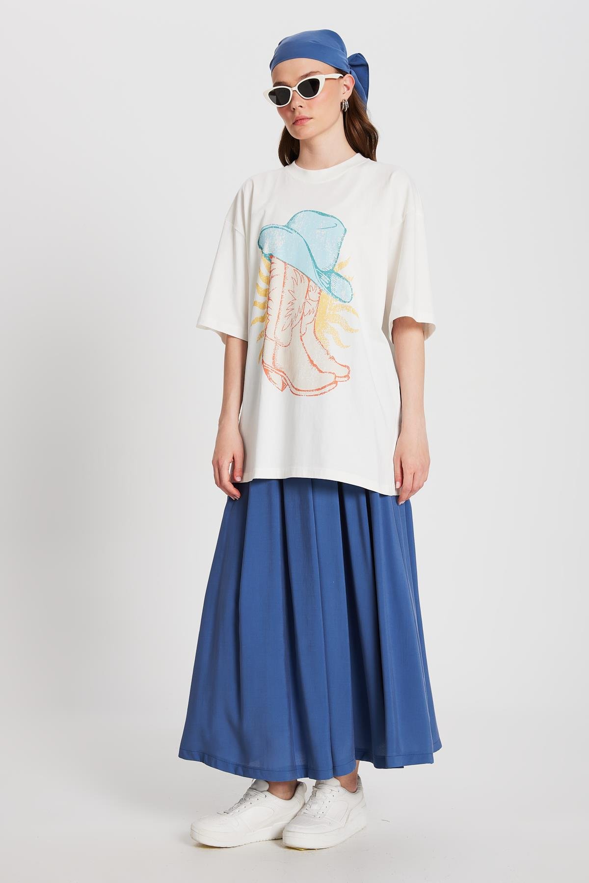 Kadın Ekru Oversize Baskılı T-shirt 29156