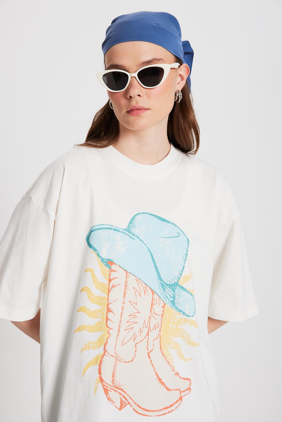 Kadın Ekru Oversize Baskılı T-shirt 29156