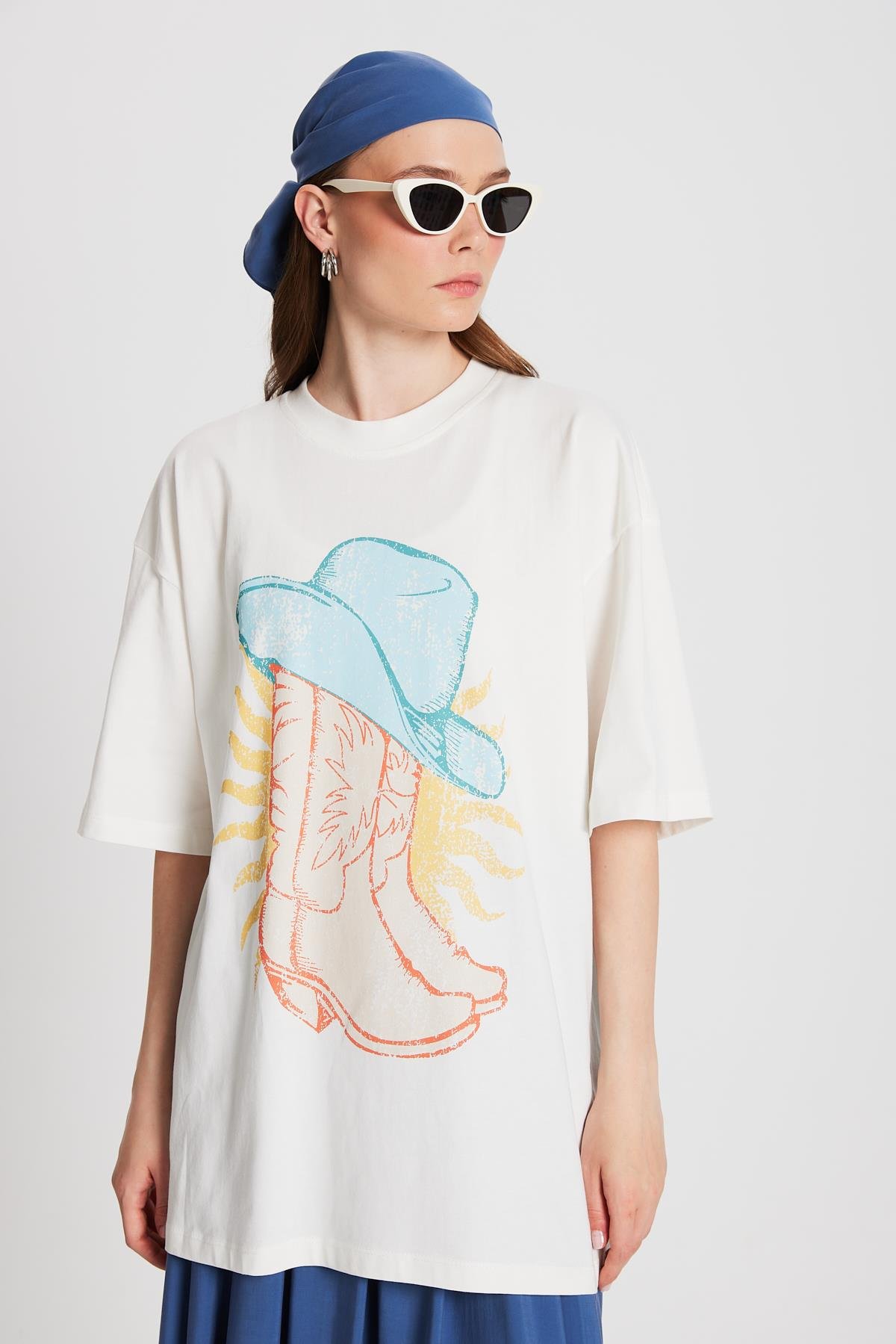 Kadın Ekru Oversize Baskılı T-shirt 29156