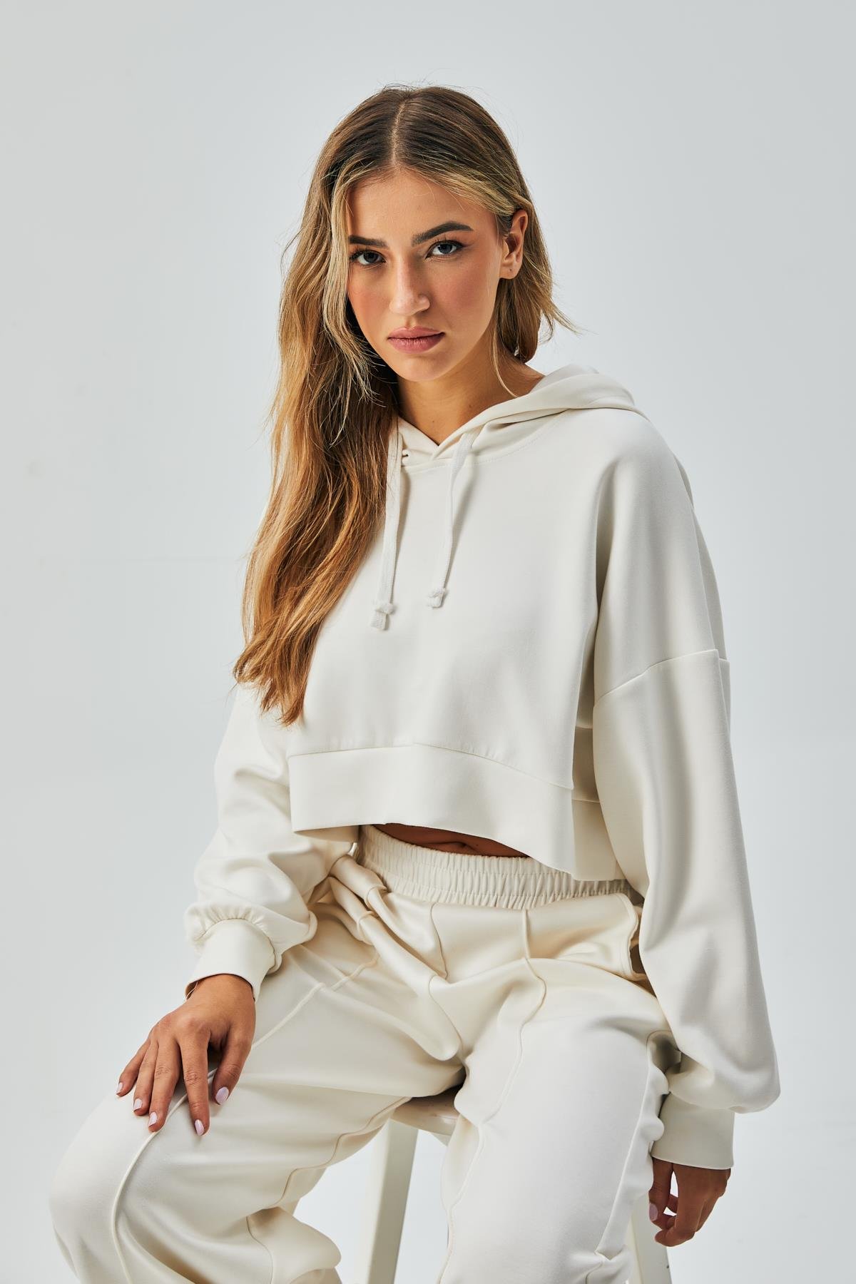 Kadın Ekru OYS Modal Kapüşonlu Sweatshirt ve Beli Lastikli Pantolon Alt/Üst Takım 28031