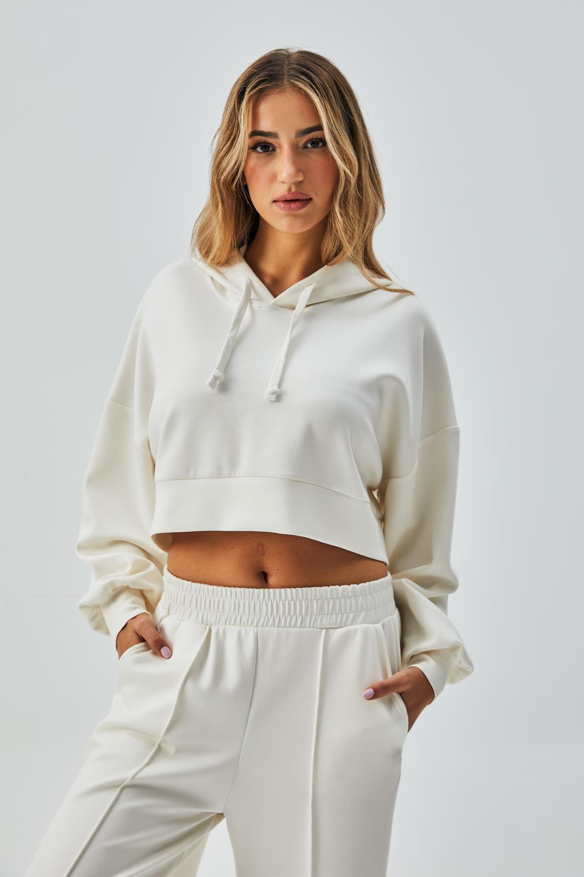 Kadın Ekru OYS Modal Kapüşonlu Sweatshirt ve Beli Lastikli Pantolon Alt/Üst Takım 28031