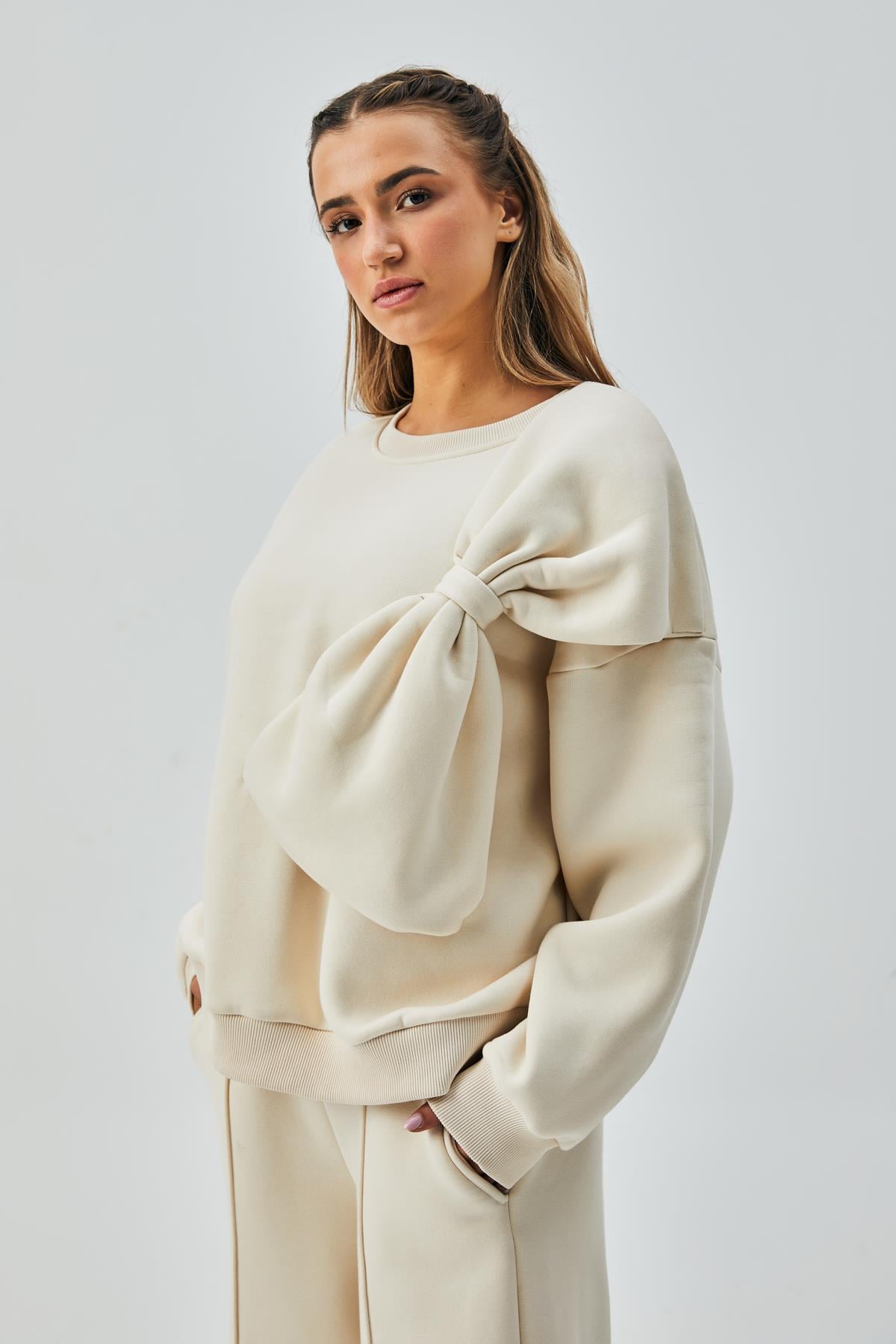 Kadın Ekru Şardonlu Fiyonklu Tasarım Sweatshirt ve Pis Dikiş Eşofman Altı Alt/Üst Takım 28362
