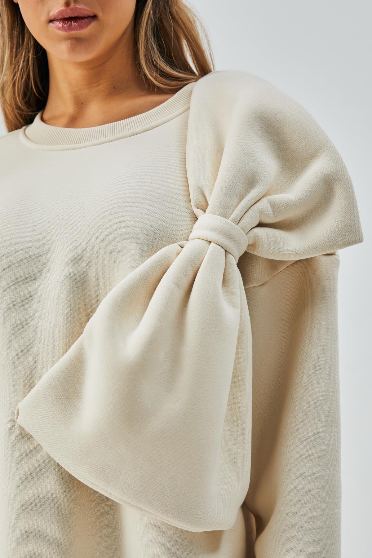 Kadın Ekru Şardonlu Fiyonklu Tasarım Sweatshirt ve Pis Dikiş Eşofman Altı Alt/Üst Takım 28362