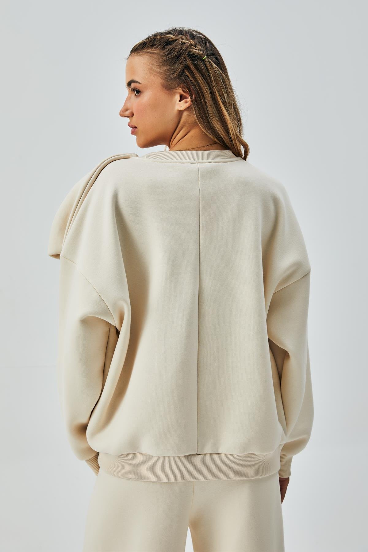 Kadın Ekru Şardonlu Fiyonklu Tasarım Sweatshirt ve Pis Dikiş Eşofman Altı Alt/Üst Takım 28362
