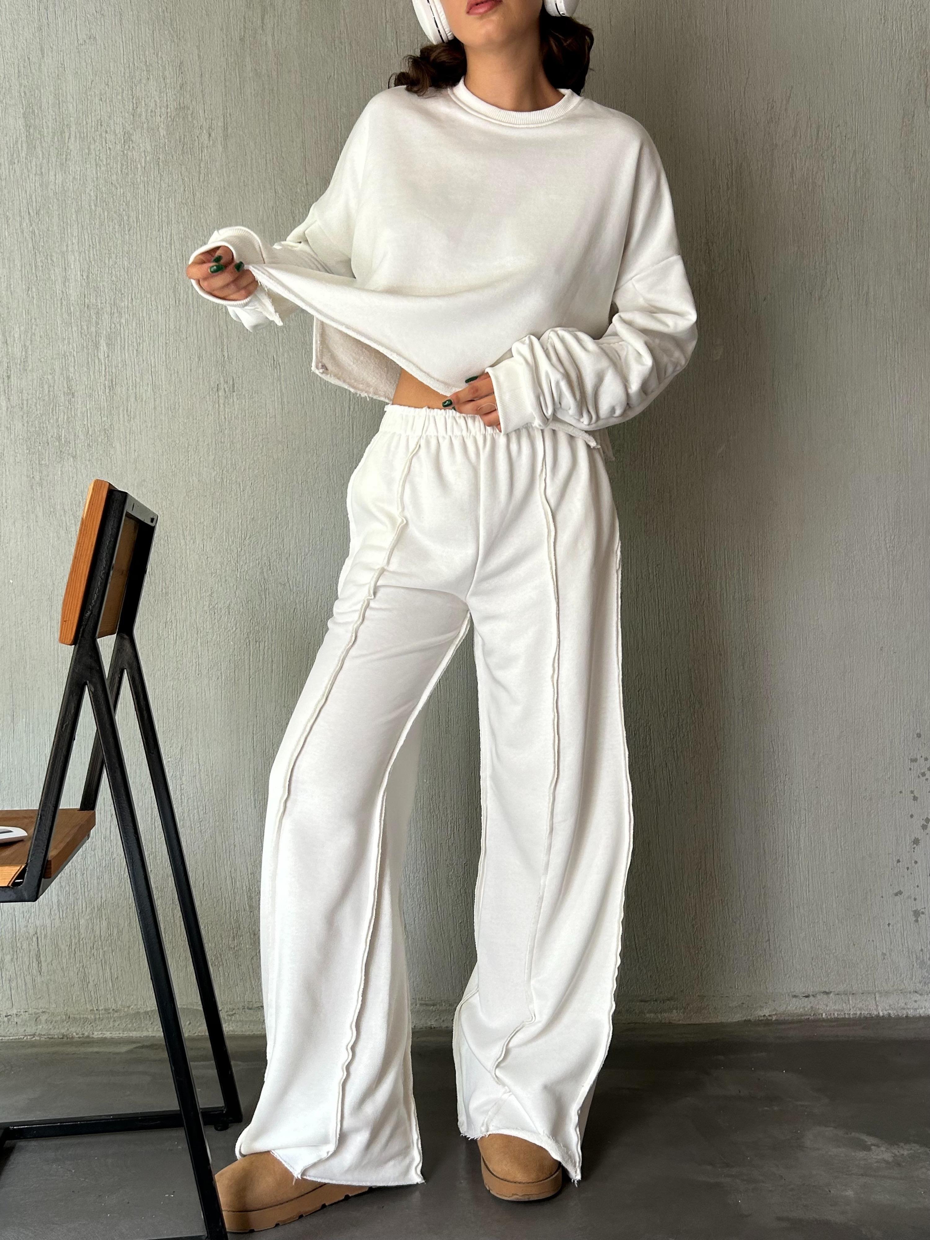 Kadın Ekru Tasarım Sweatshirt ve Pis Dikiş Bol Kesim Şardonsuz Eşofman Alt/Üst Takım 28374