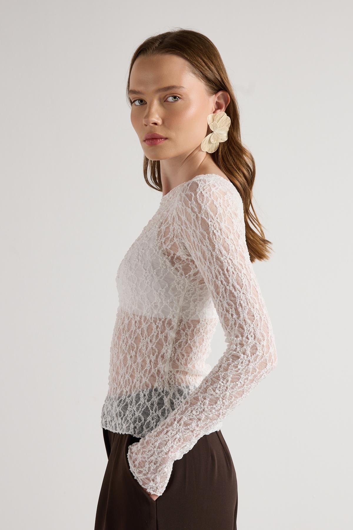 Kadın Ekru Transparan Dantel Kısa Likralı Bluz 30051