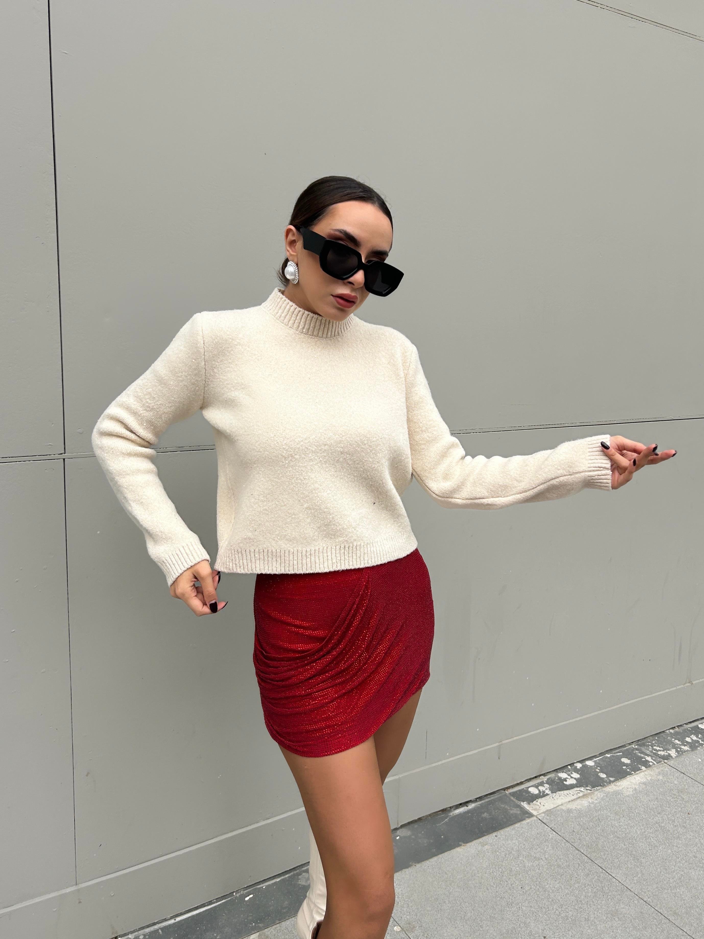 Kadın Ekru Triko Pullu Simli Bisiklet Yaka Kazak 5591