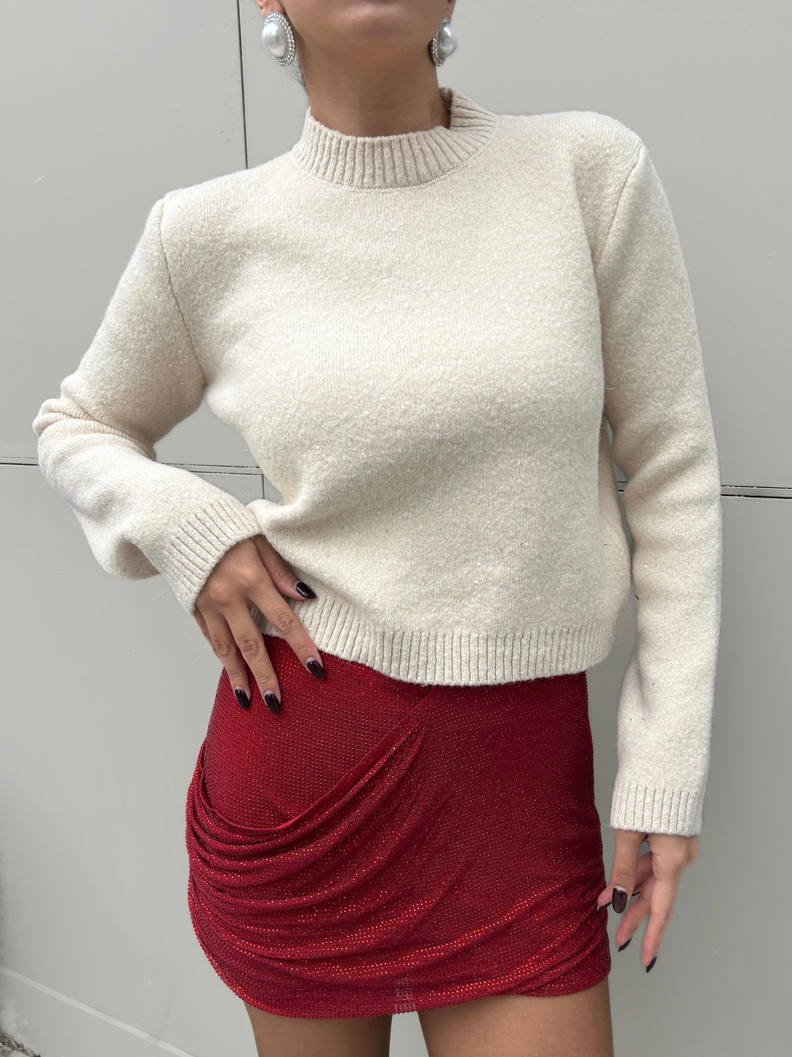 Kadın Ekru Triko Pullu Simli Bisiklet Yaka Kazak 5591