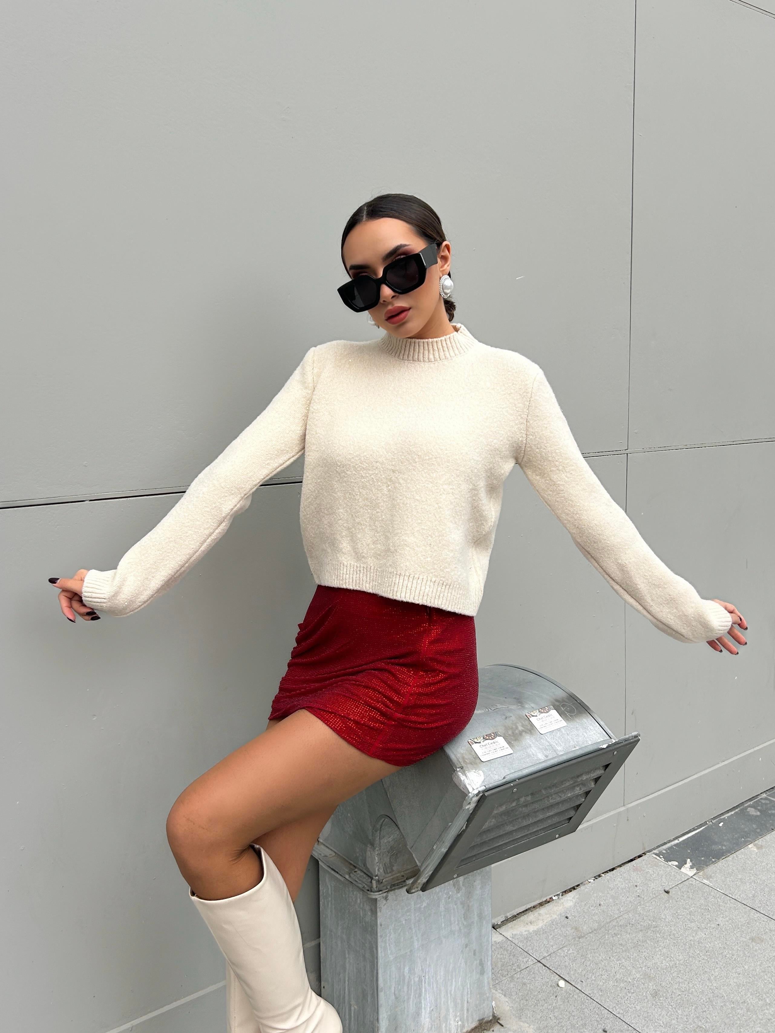 Kadın Ekru Triko Pullu Simli Bisiklet Yaka Kazak 5591