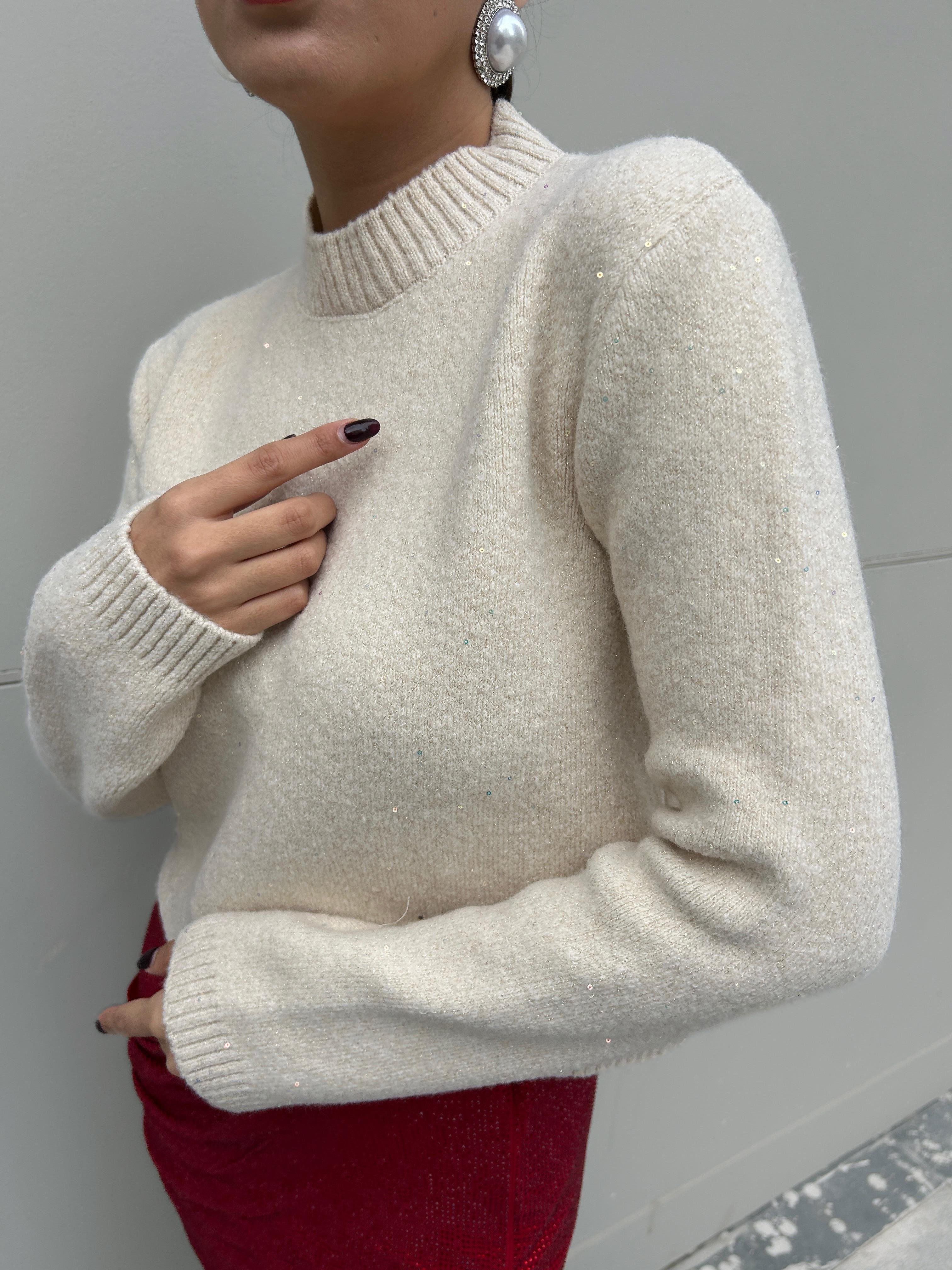 Kadın Ekru Triko Pullu Simli Bisiklet Yaka Kazak 5591