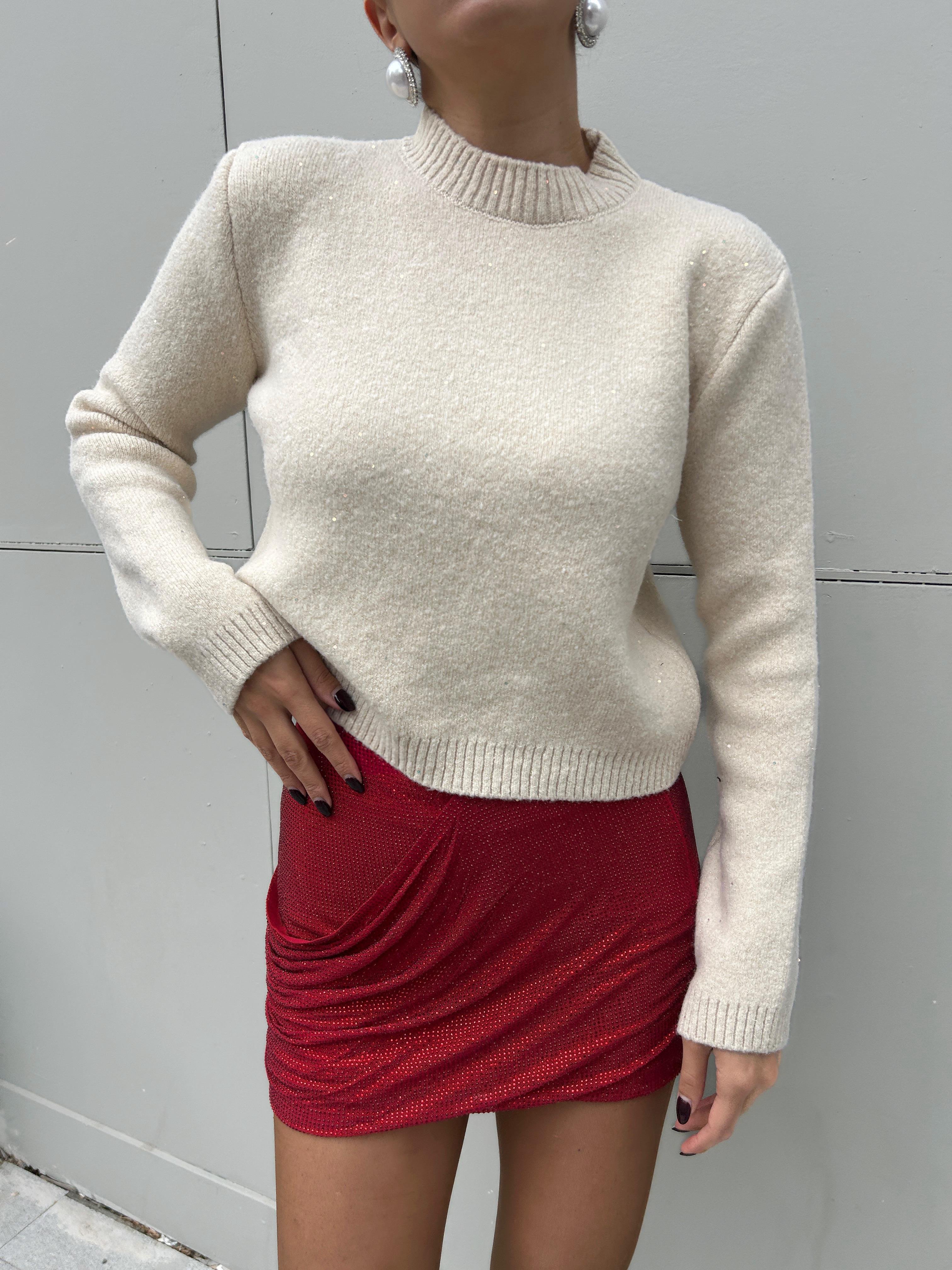 Kadın Ekru Triko Pullu Simli Bisiklet Yaka Kazak 5591