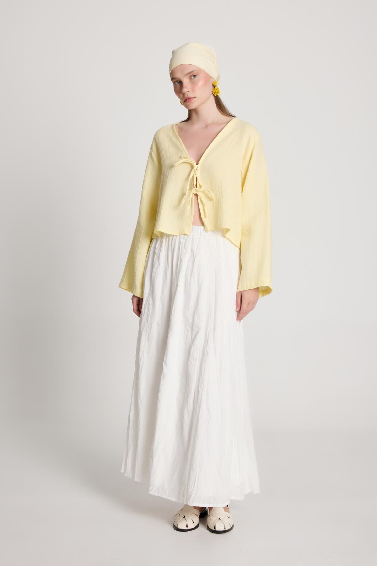 Kadın Ekru Vual Kumaş Kırışık Uzun Astarlı Etek 29062