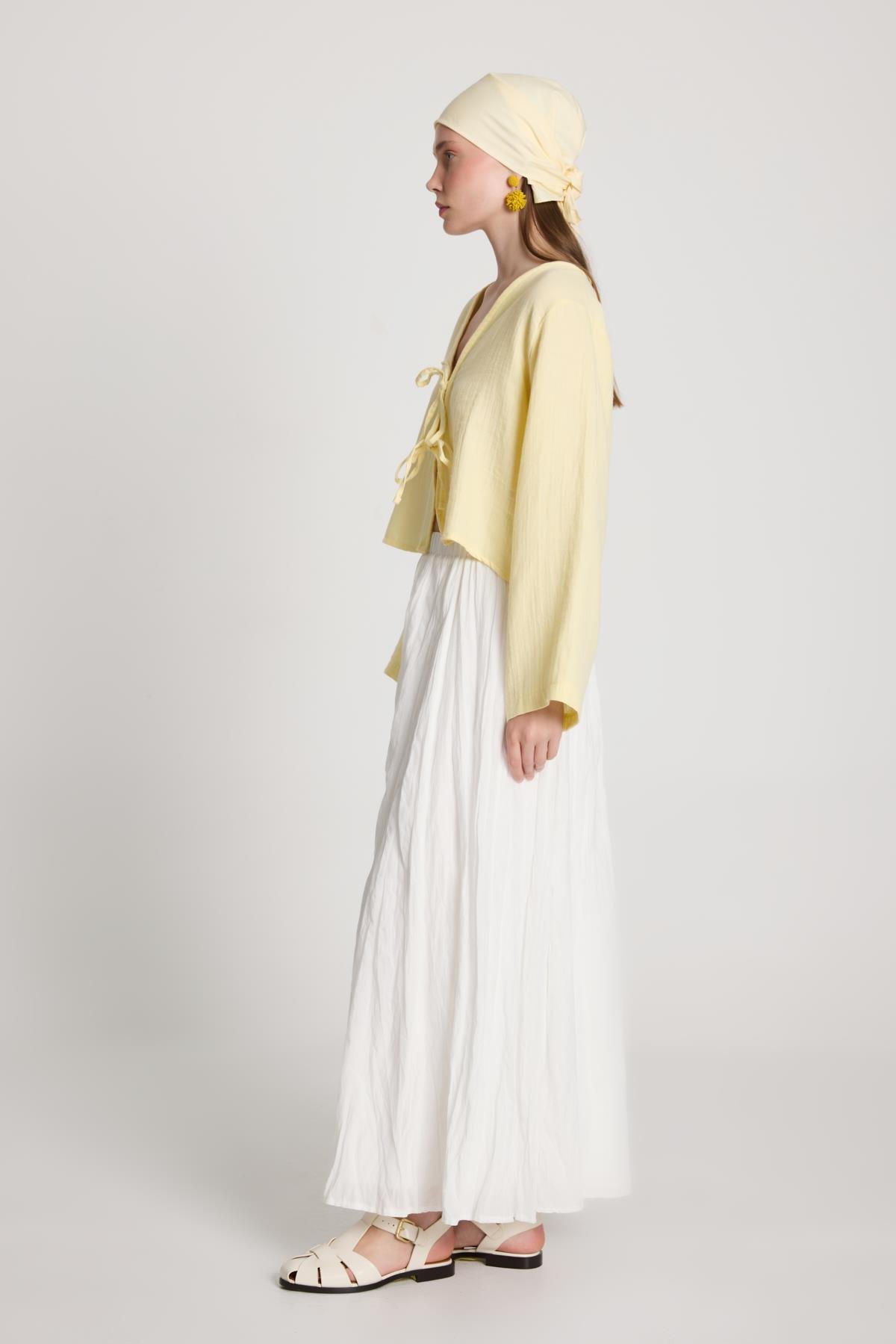 Kadın Ekru Vual Kumaş Kırışık Uzun Astarlı Etek 29062