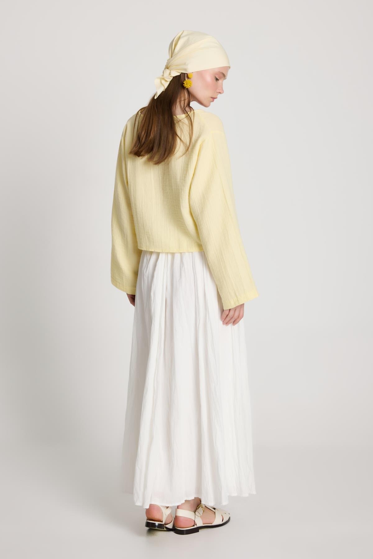 Kadın Ekru Vual Kumaş Kırışık Uzun Astarlı Etek 29062