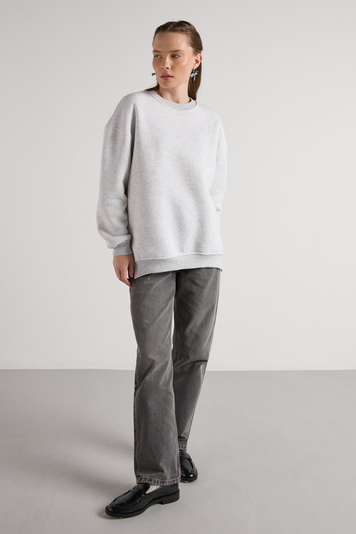 Kadın Gri Melanj Basic Yırtmaçlı Oversize 3 iplik Şardonlu Sweatshirts 30078 