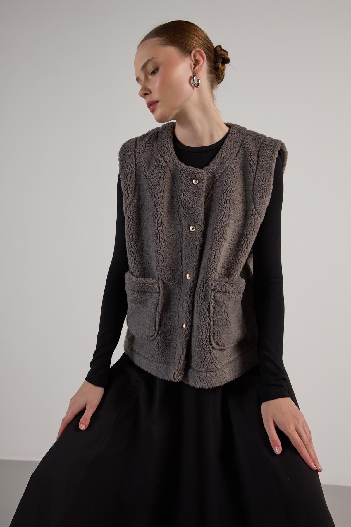 Kadın Gri Peluş Yelek 30049