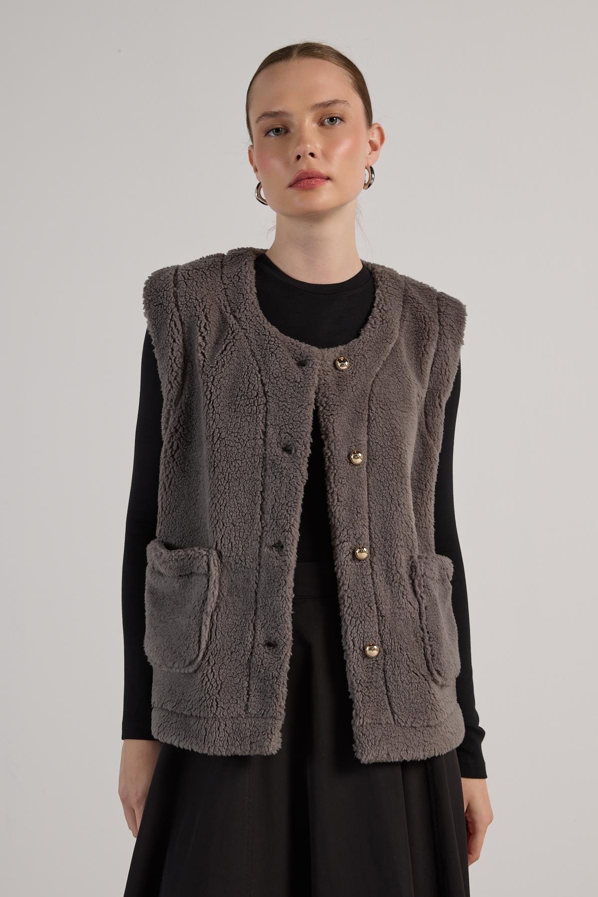 Kadın Gri Peluş Yelek 30049
