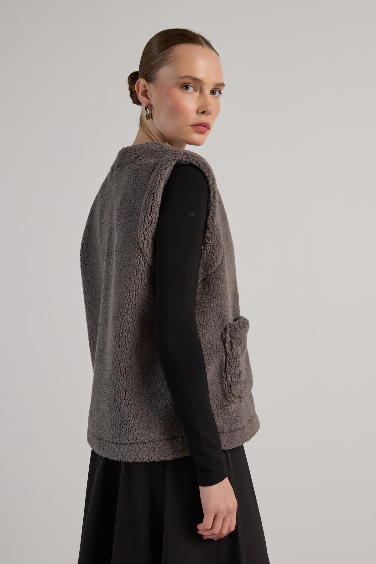 Kadın Gri Peluş Yelek 30049
