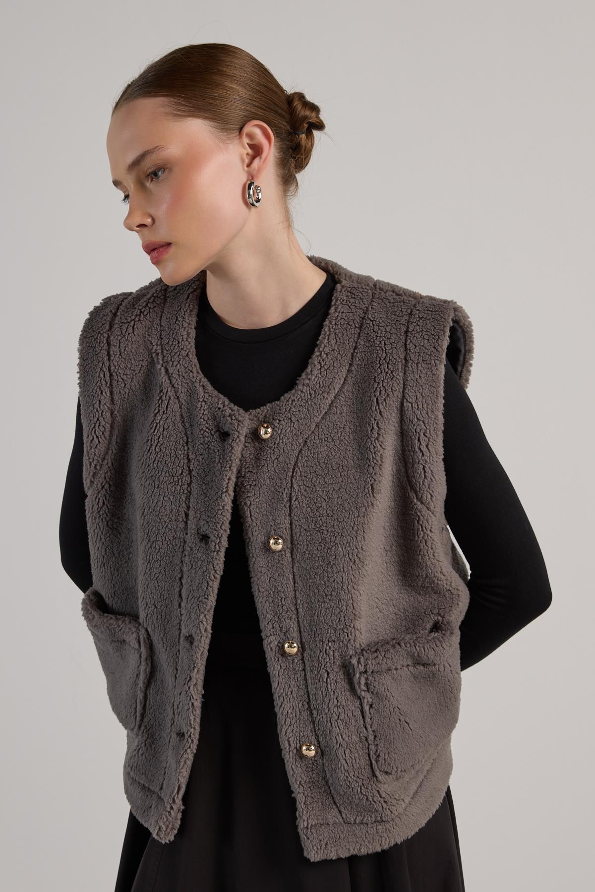 Kadın Gri Peluş Yelek 30049