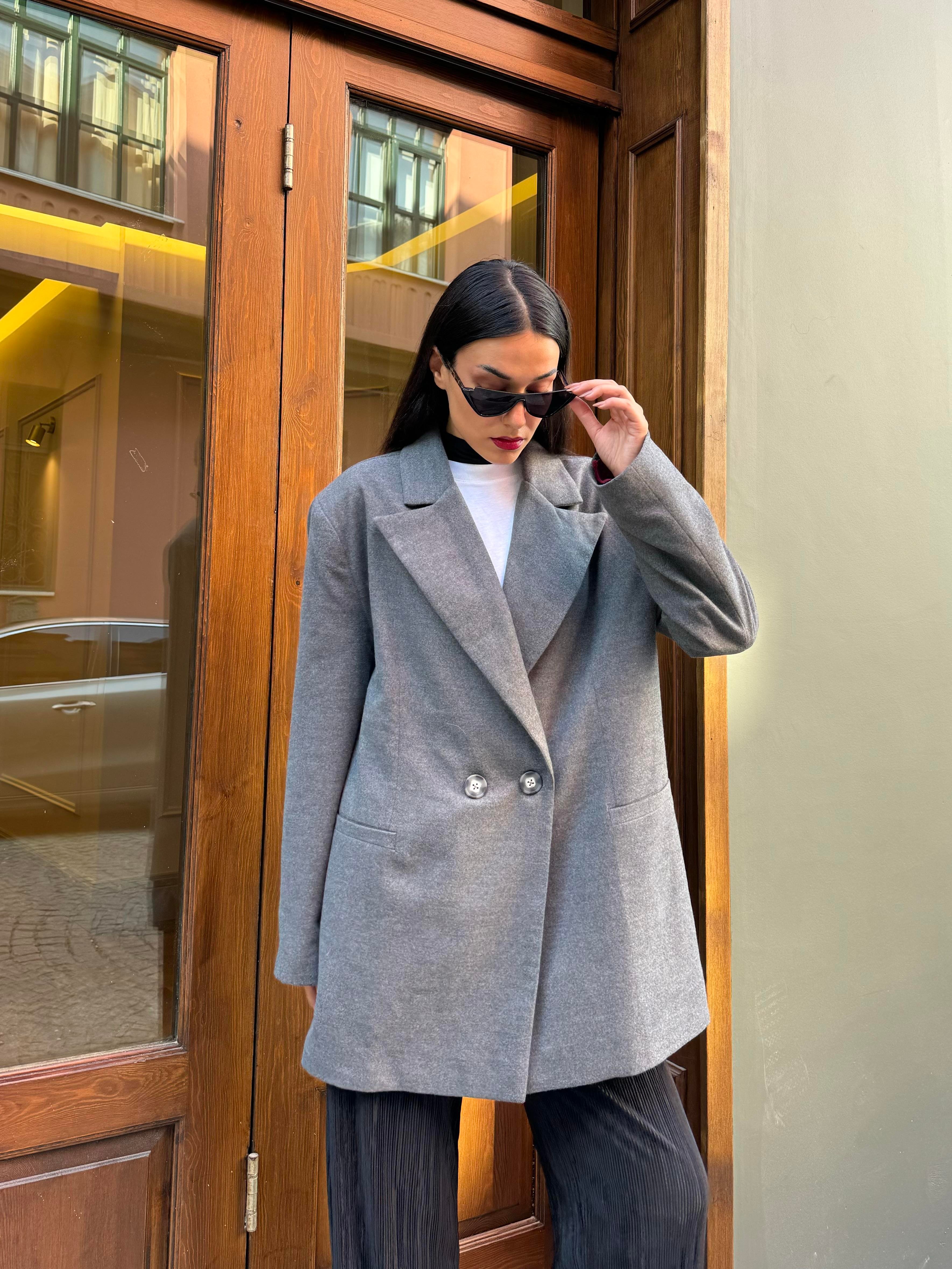 Kadın Gri Şardonlu Poliviskon Oversize Ceket 28265