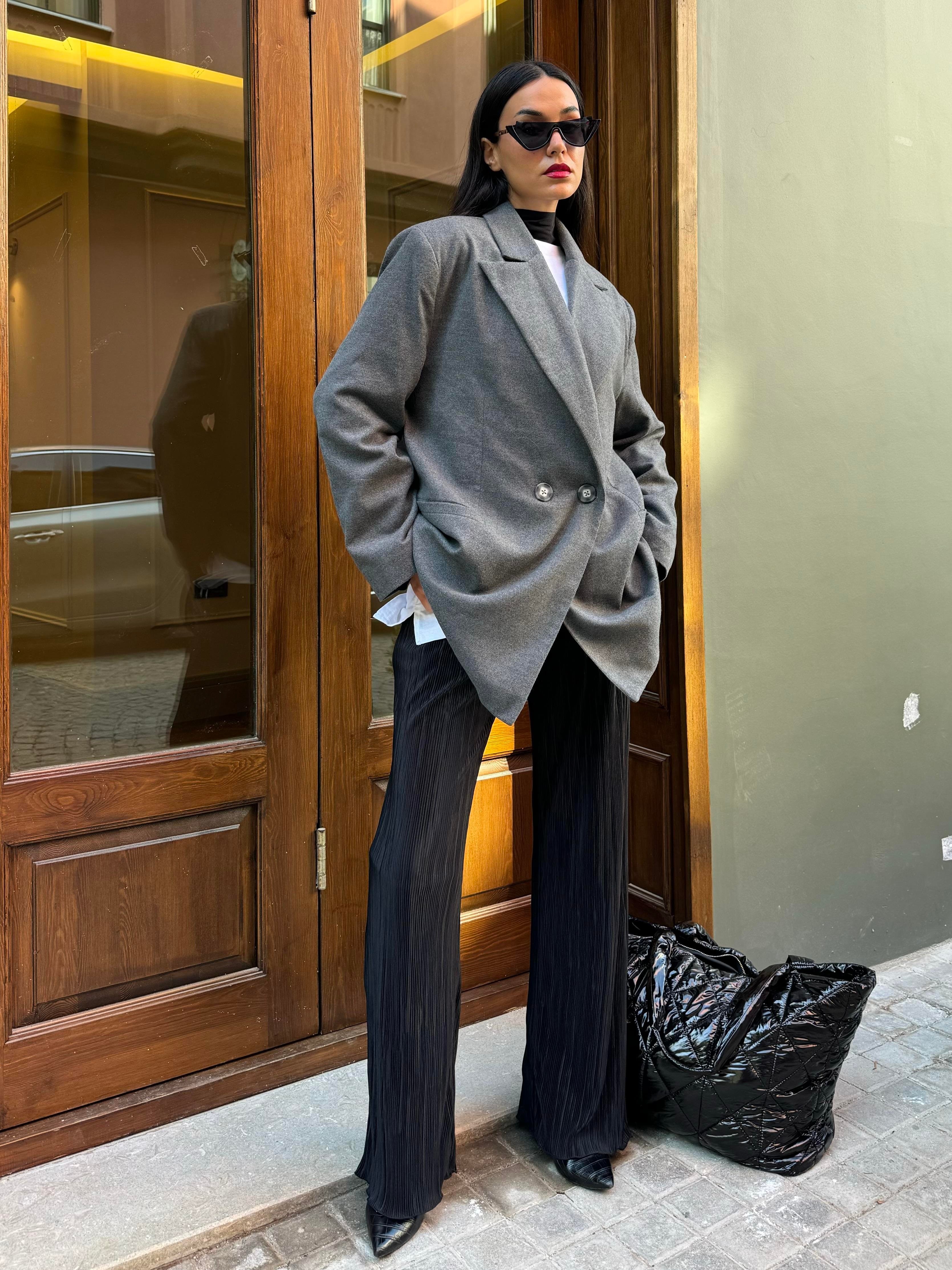 Kadın Gri Şardonlu Poliviskon Oversize Ceket 28265