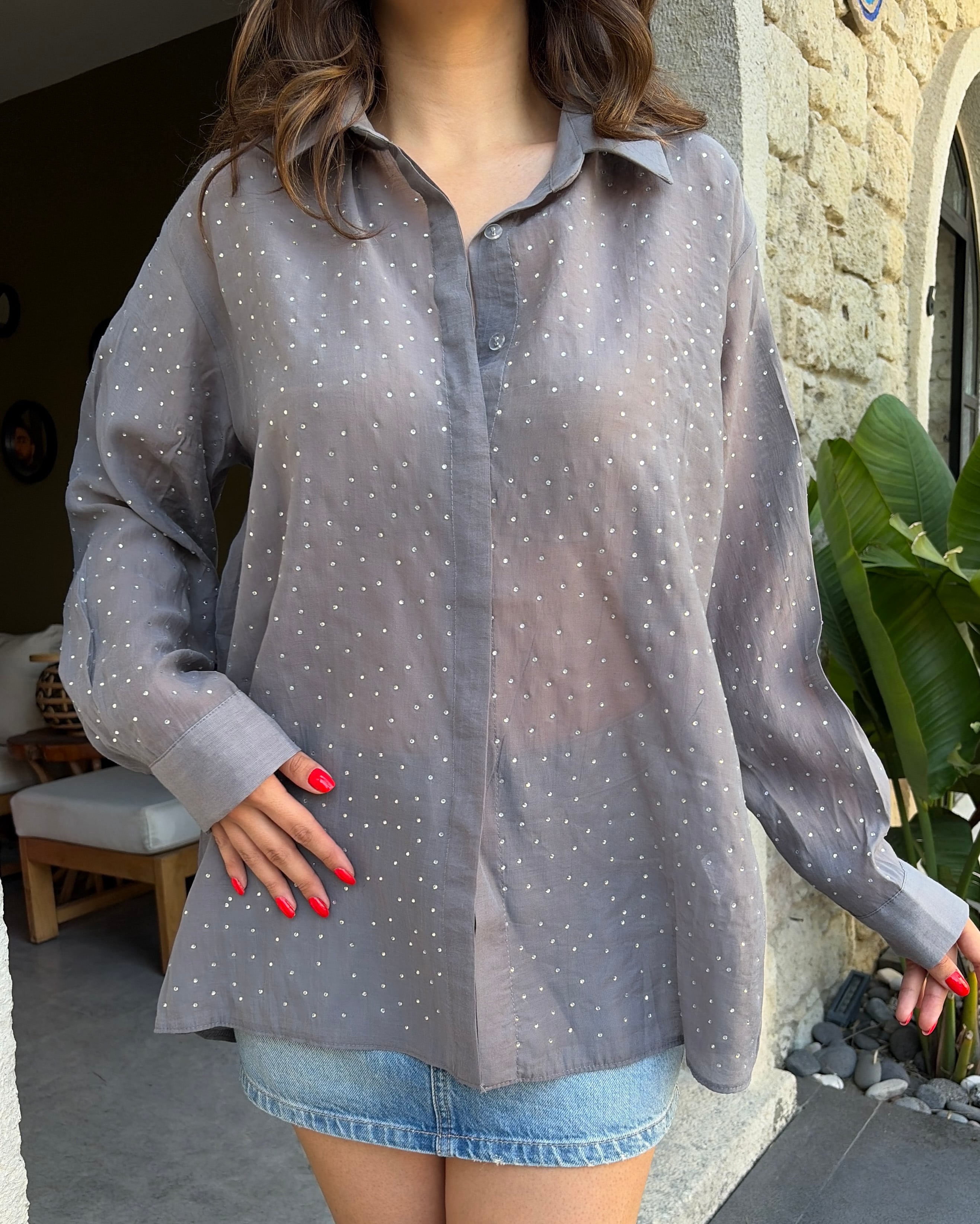 Kadın Gri Simli Oversize Cömlek 31020