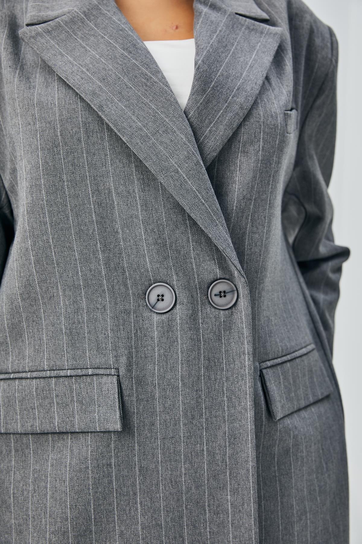 Kadın Gri Yün Poliviskon Çizgili Kruvaze Yaka Düğmeli Blazer Ceket 28076