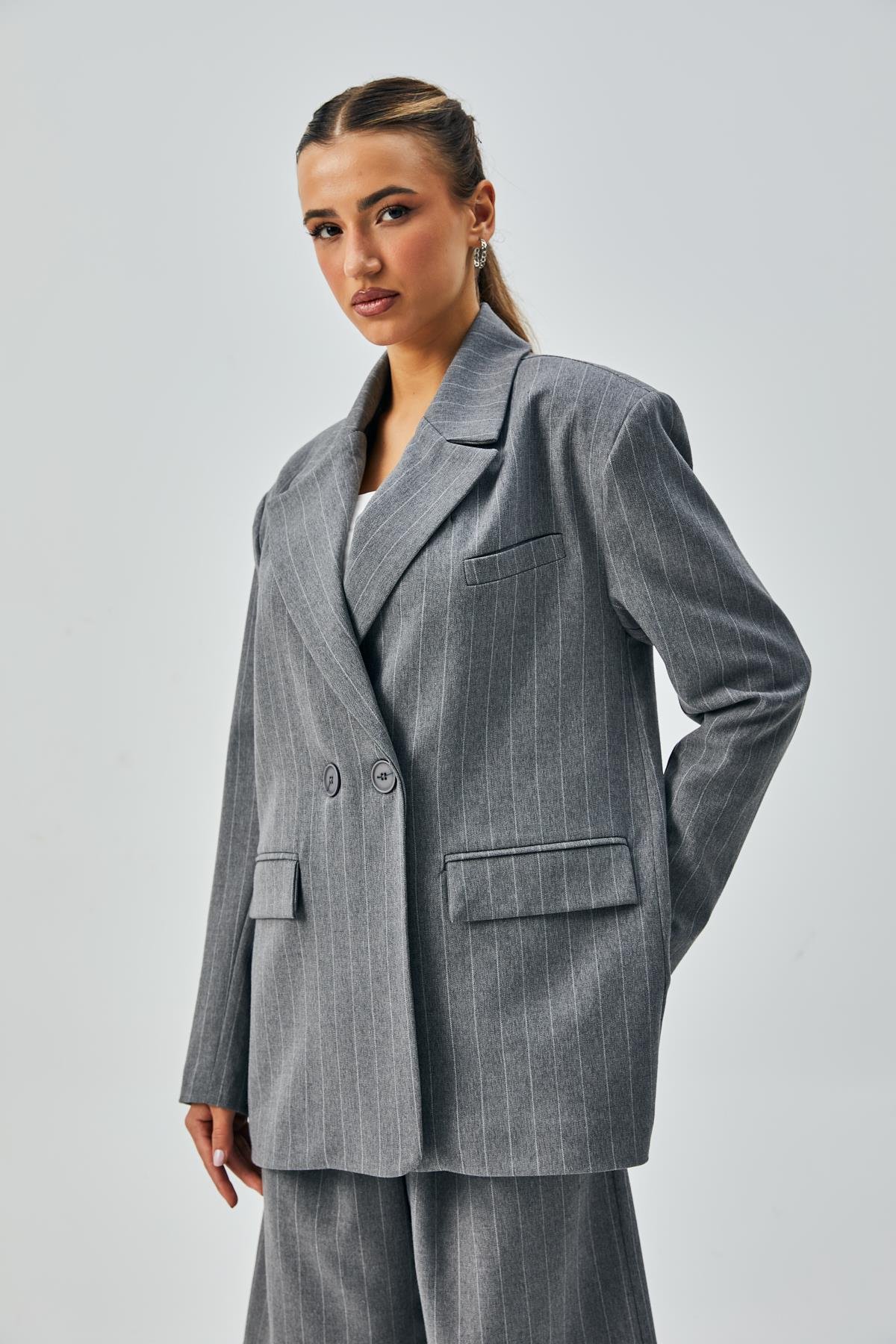 Kadın Gri Yün Poliviskon Çizgili Kruvaze Yaka Düğmeli Blazer Ceket 28076